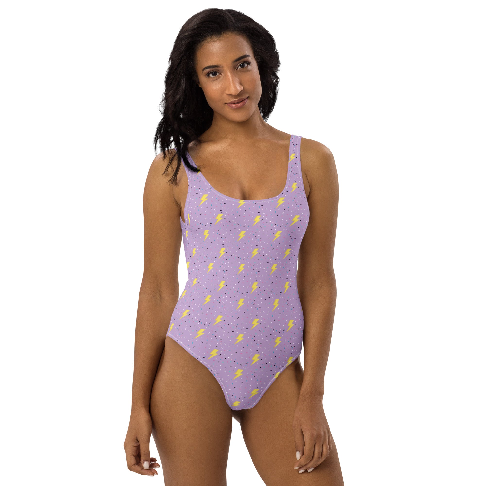 Preppy Lightning Bolts Purple One-Piece Swimsuit
