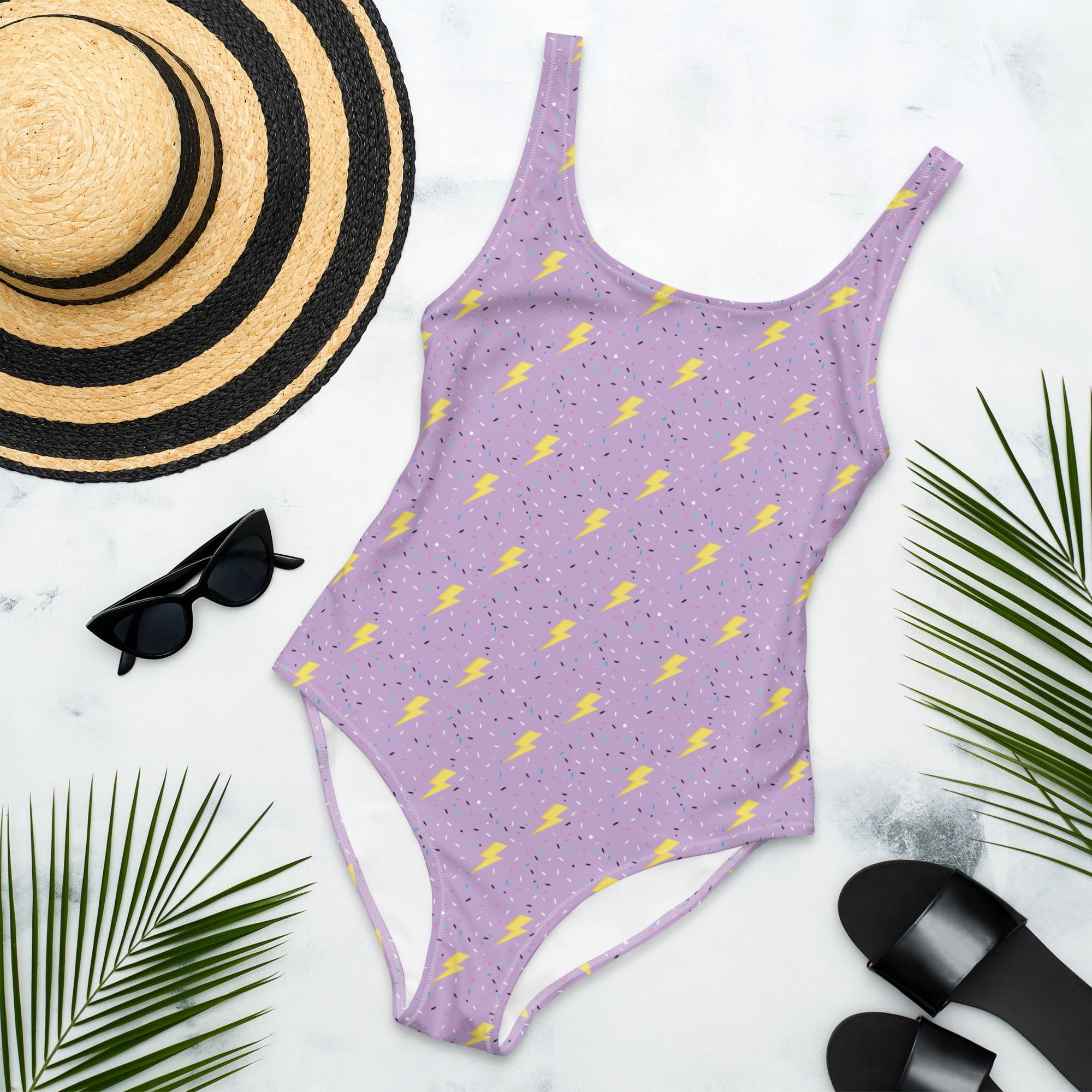 Preppy Lightning Bolts Purple One-Piece Swimsuit