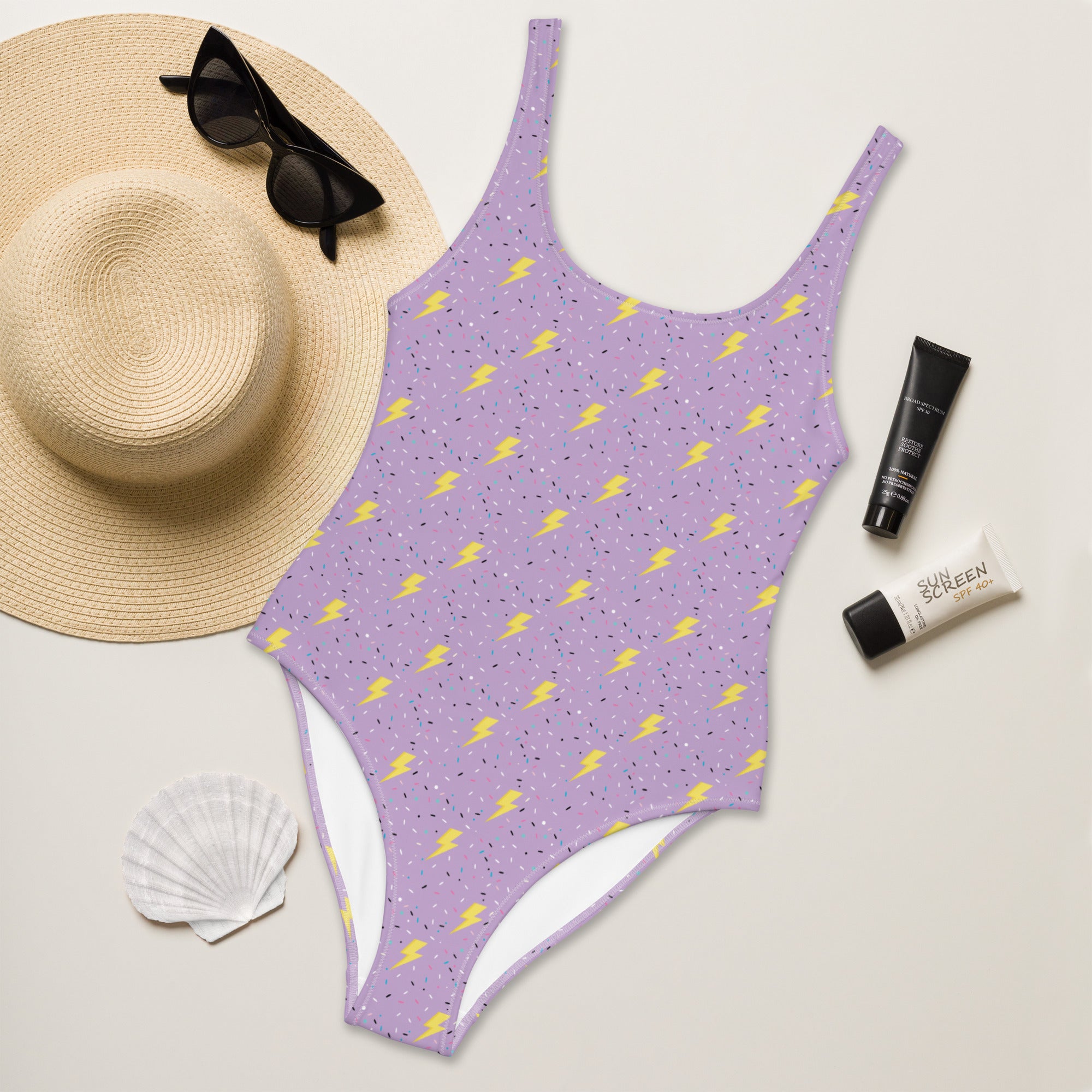 Preppy Lightning Bolts Purple One-Piece Swimsuit