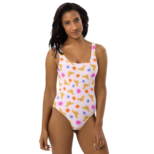 Preppy Beach Vacation Theme Pink One-Piece Swimsuit