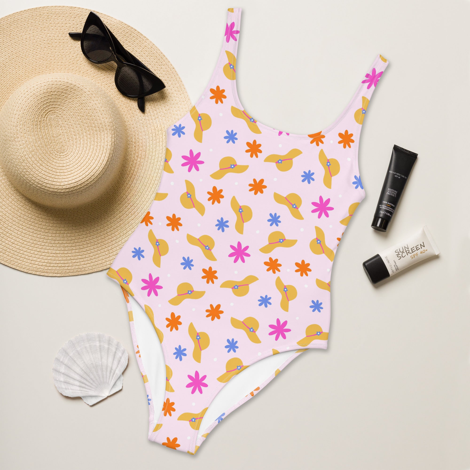 Preppy Beach Vacation Theme Pink One-Piece Swimsuit