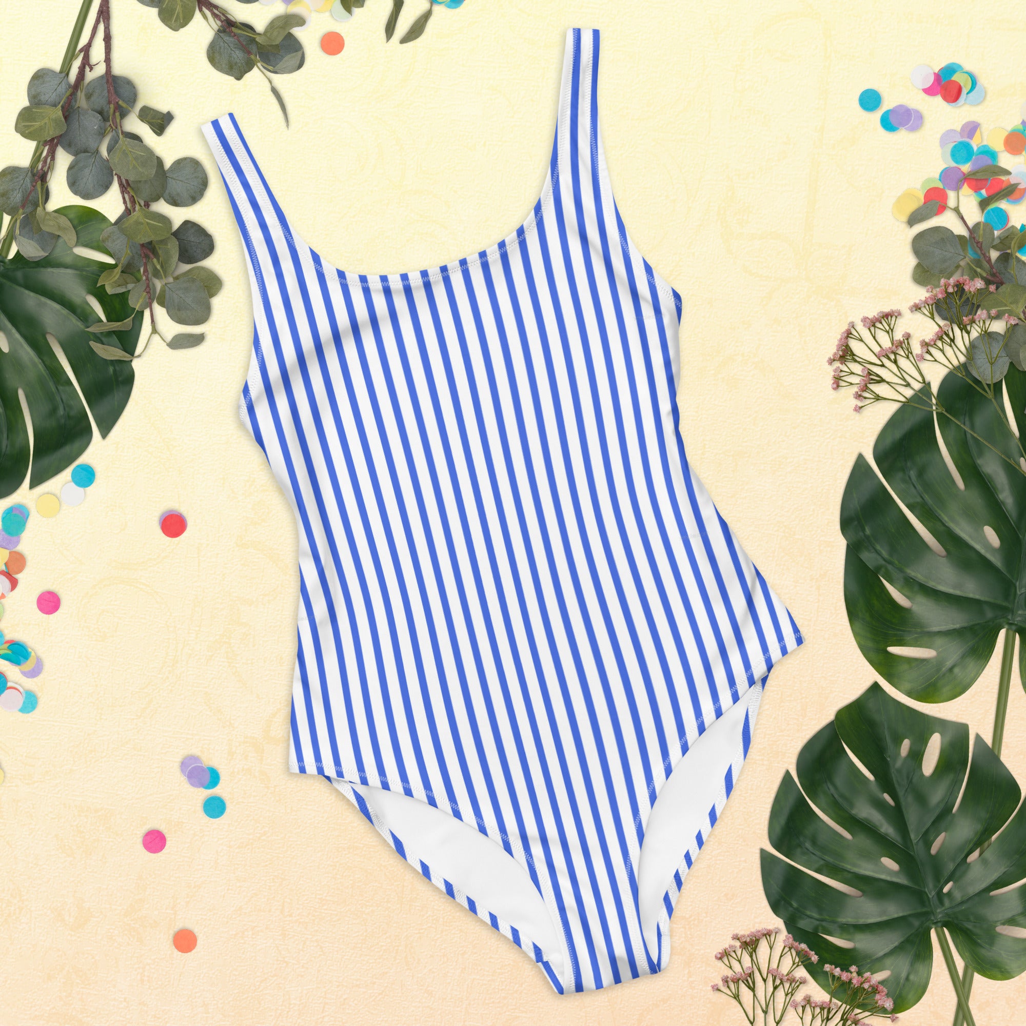Preppy Nautical Striped Blue & White Horizontal Streaks Lines One-Piece Swimsuit