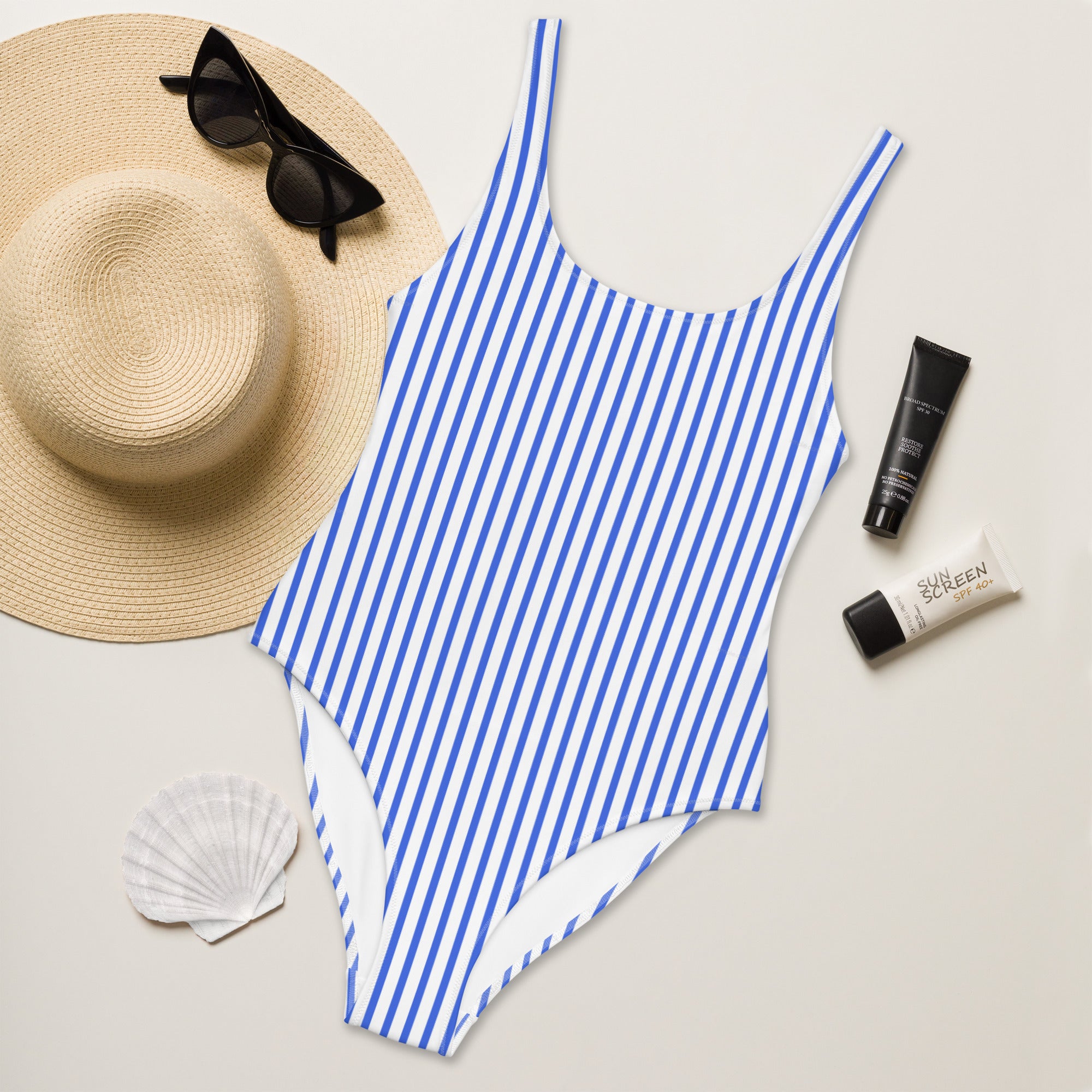 Preppy Nautical Striped Blue & White Horizontal Streaks Lines One-Piece Swimsuit