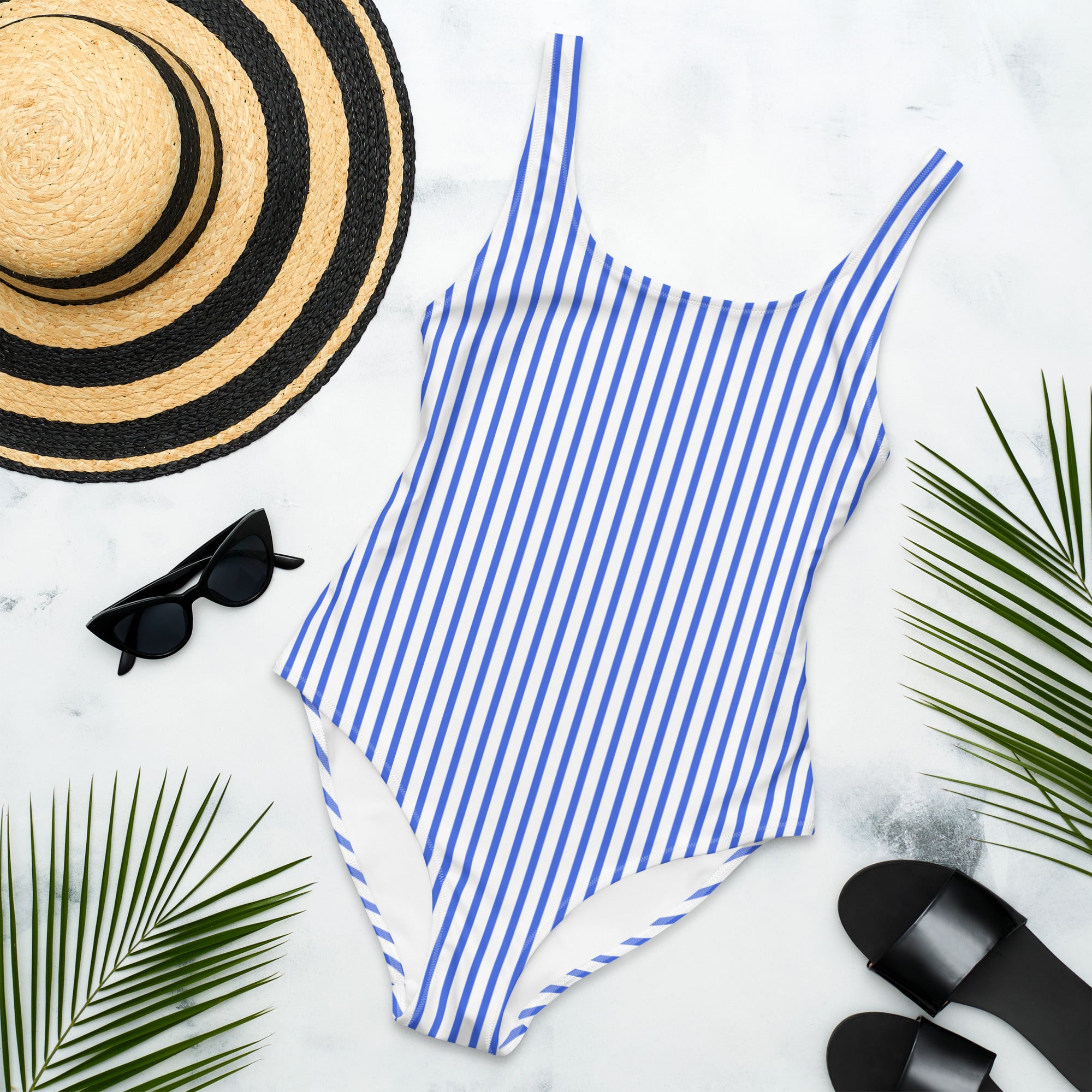 Preppy Nautical Striped Blue & White Horizontal Streaks Lines One-Piece Swimsuit