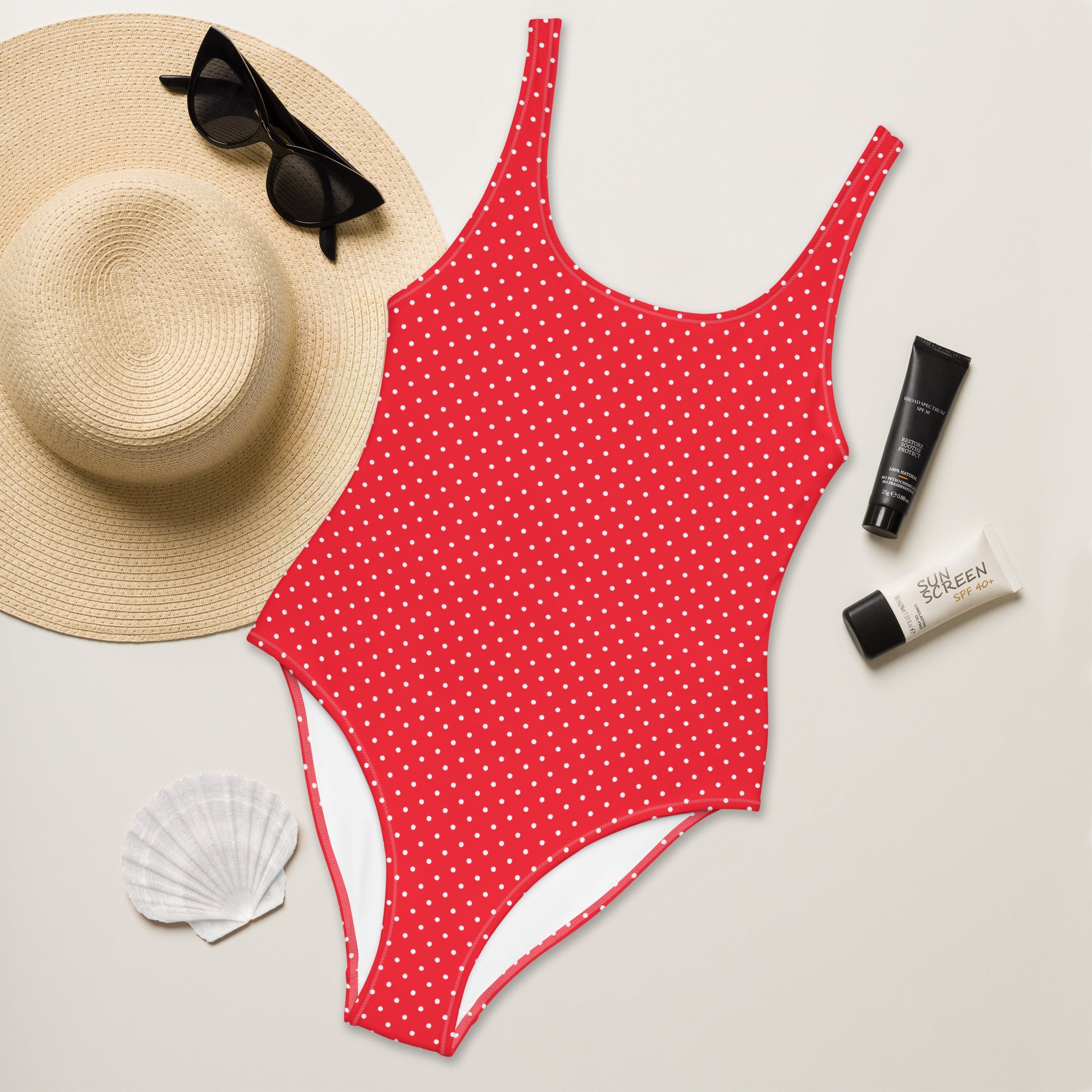 Classic Vintage Red and White Polka Dot One-Piece Swimsuit