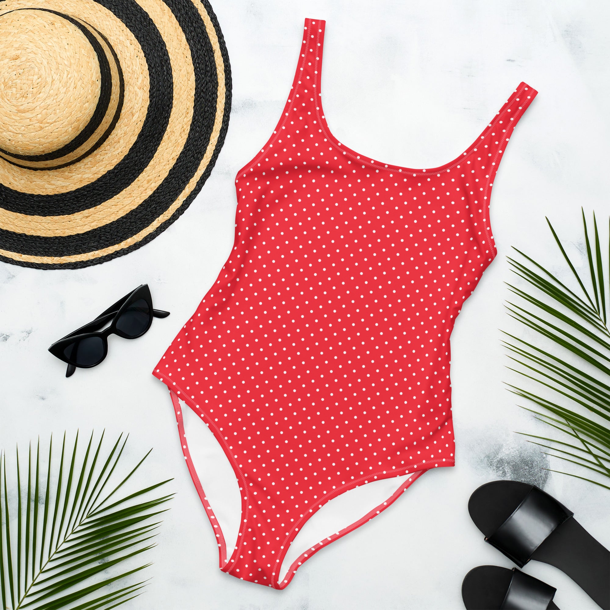 Classic Vintage Red and White Polka Dot One-Piece Swimsuit