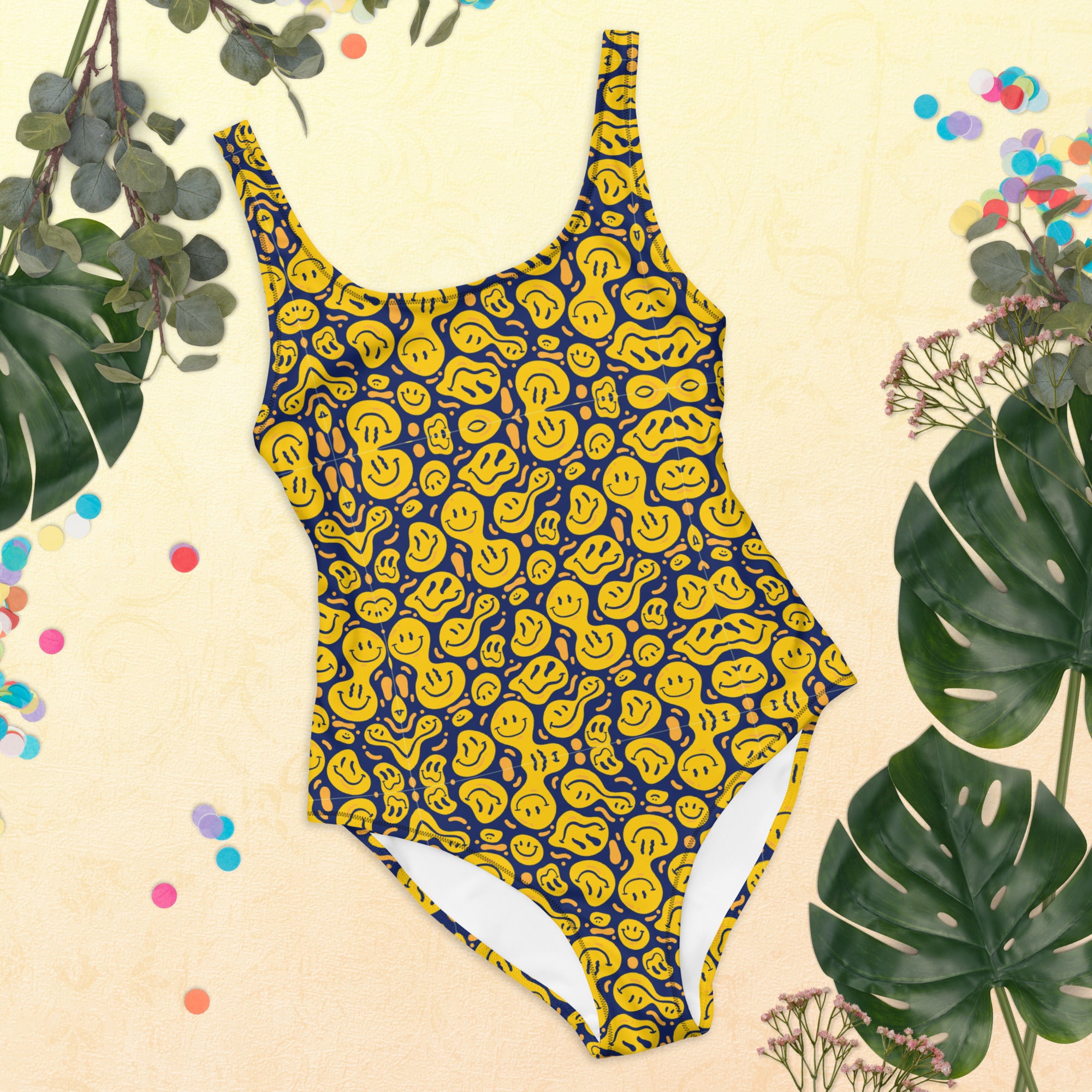 Original Preppy Yellow Drippy Smiley Face One-Piece Swimsuit