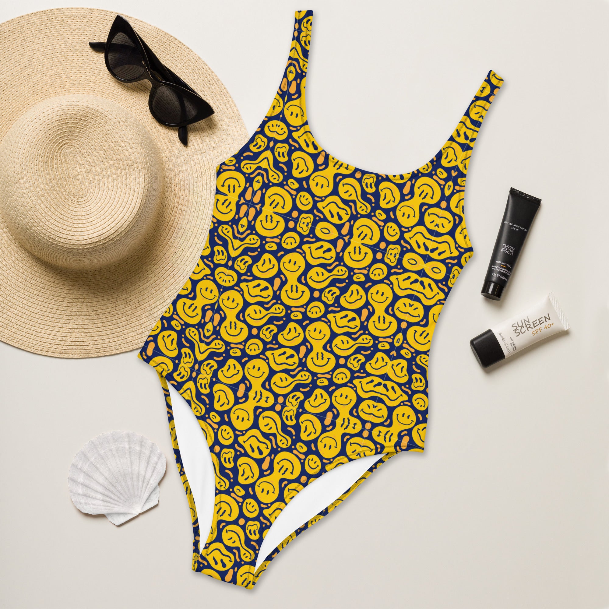 Original Preppy Yellow Drippy Smiley Face One-Piece Swimsuit