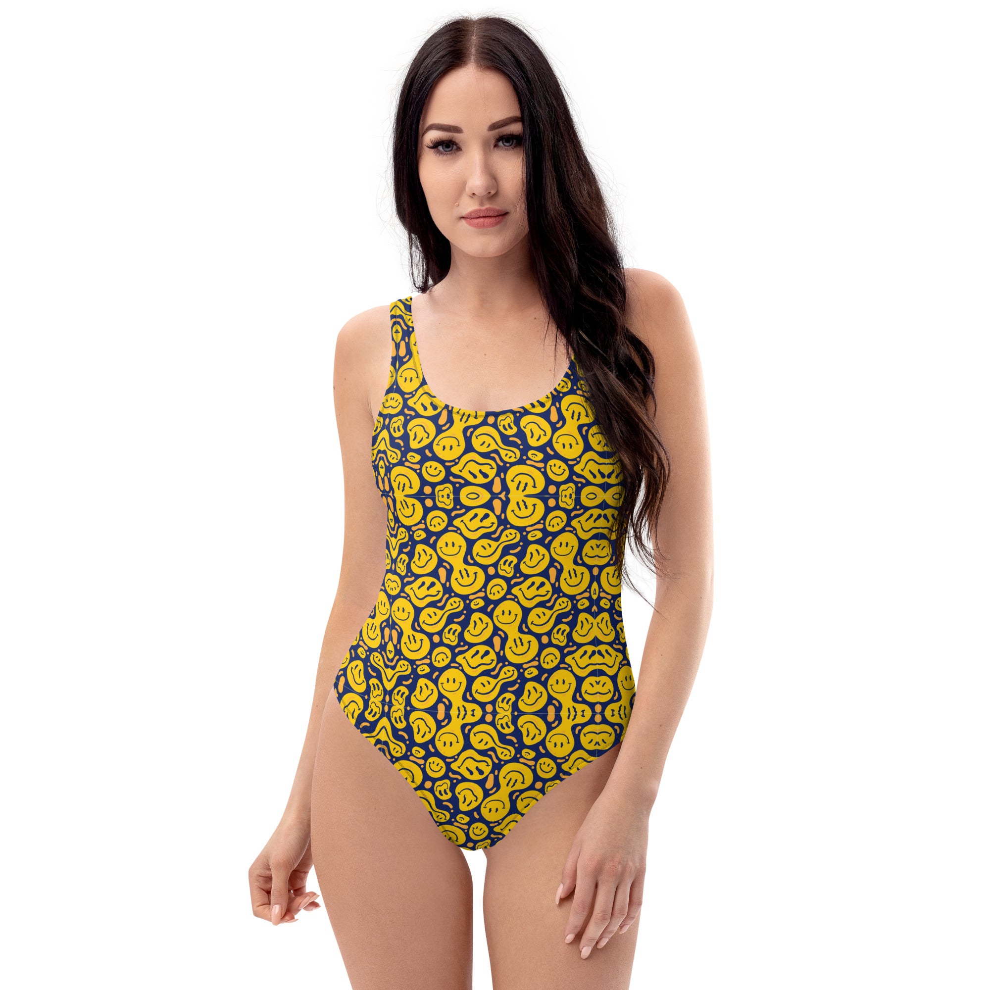 Original Preppy Yellow Drippy Smiley Face One-Piece Swimsuit