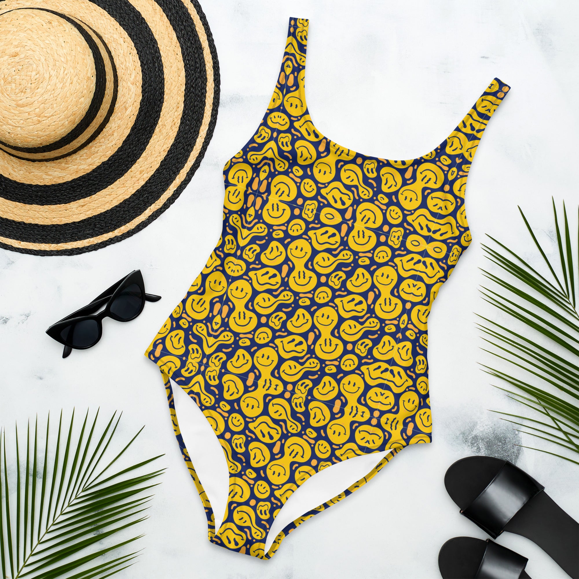 Original Preppy Yellow Drippy Smiley Face One-Piece Swimsuit
