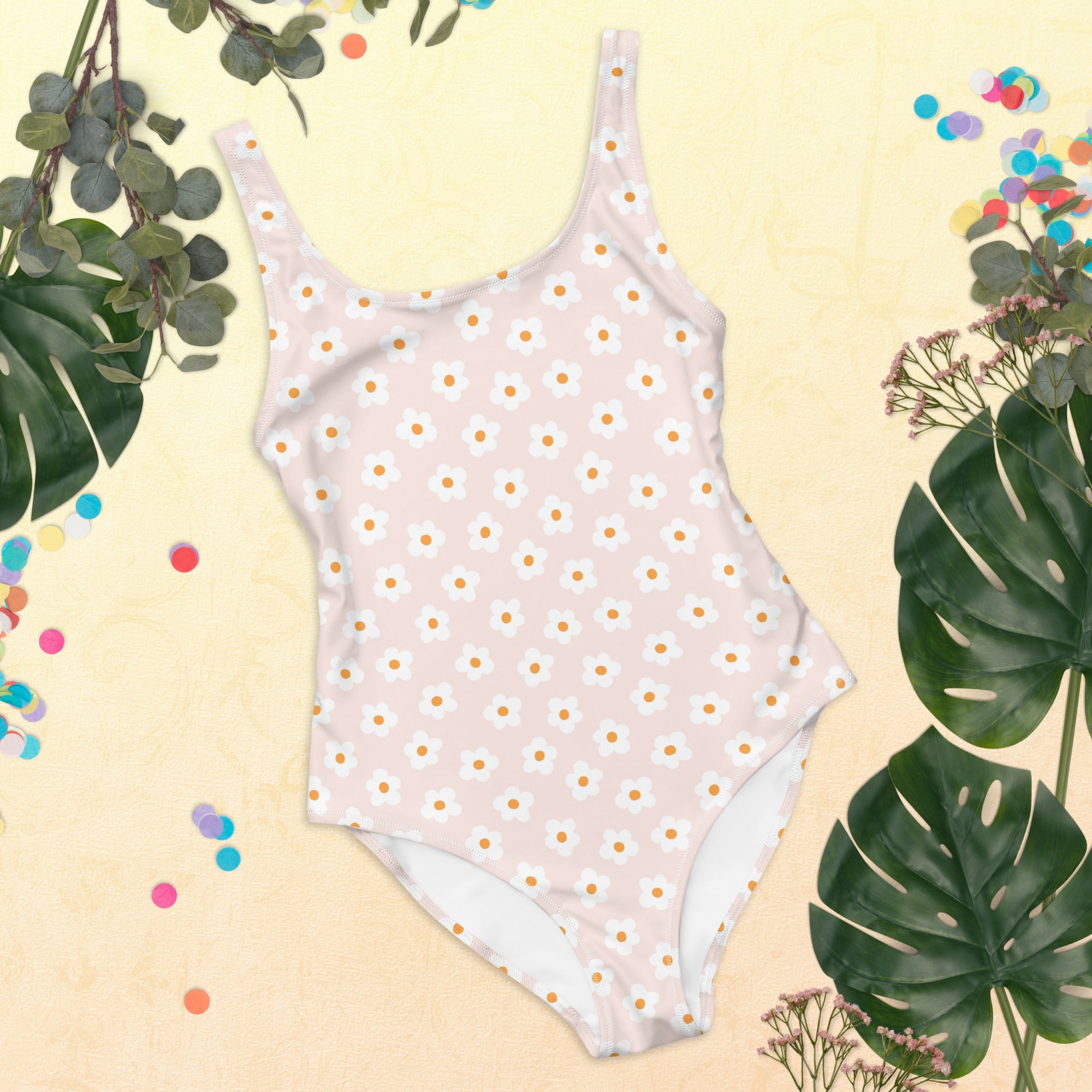Preppy Pink Minimal Daisy Floral One-Piece Swimsuit
