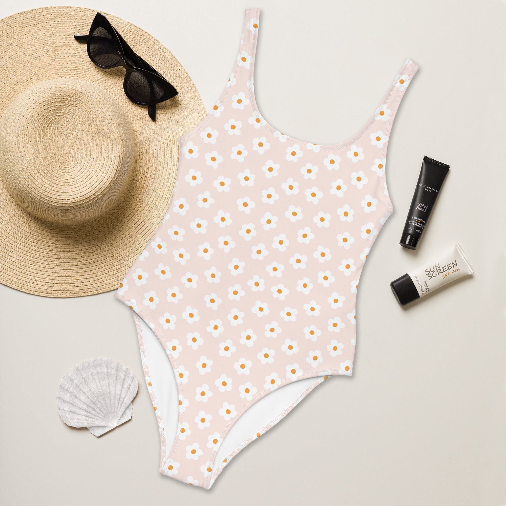 Preppy Pink Minimal Daisy Floral One-Piece Swimsuit