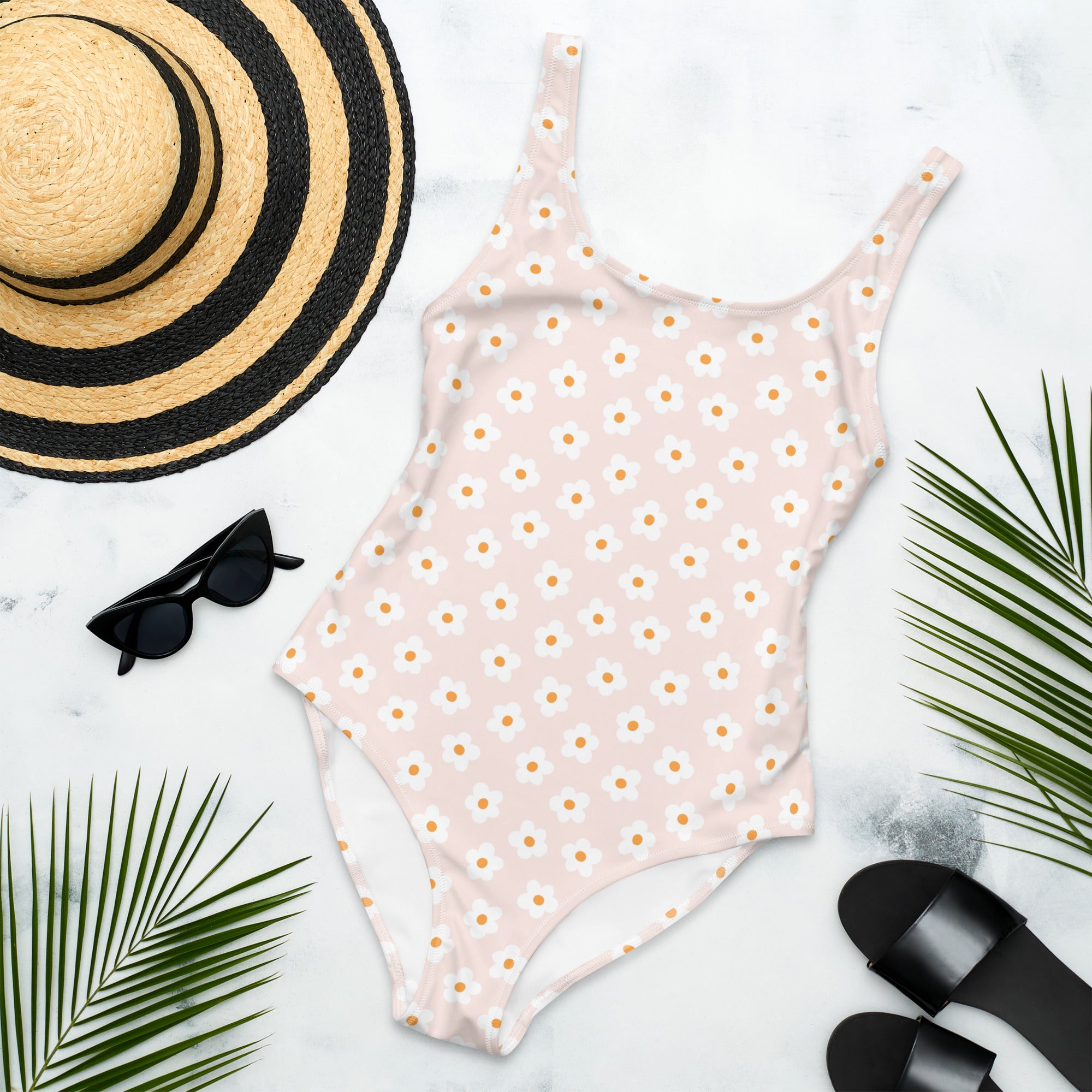 Preppy Pink Minimal Daisy Floral One-Piece Swimsuit