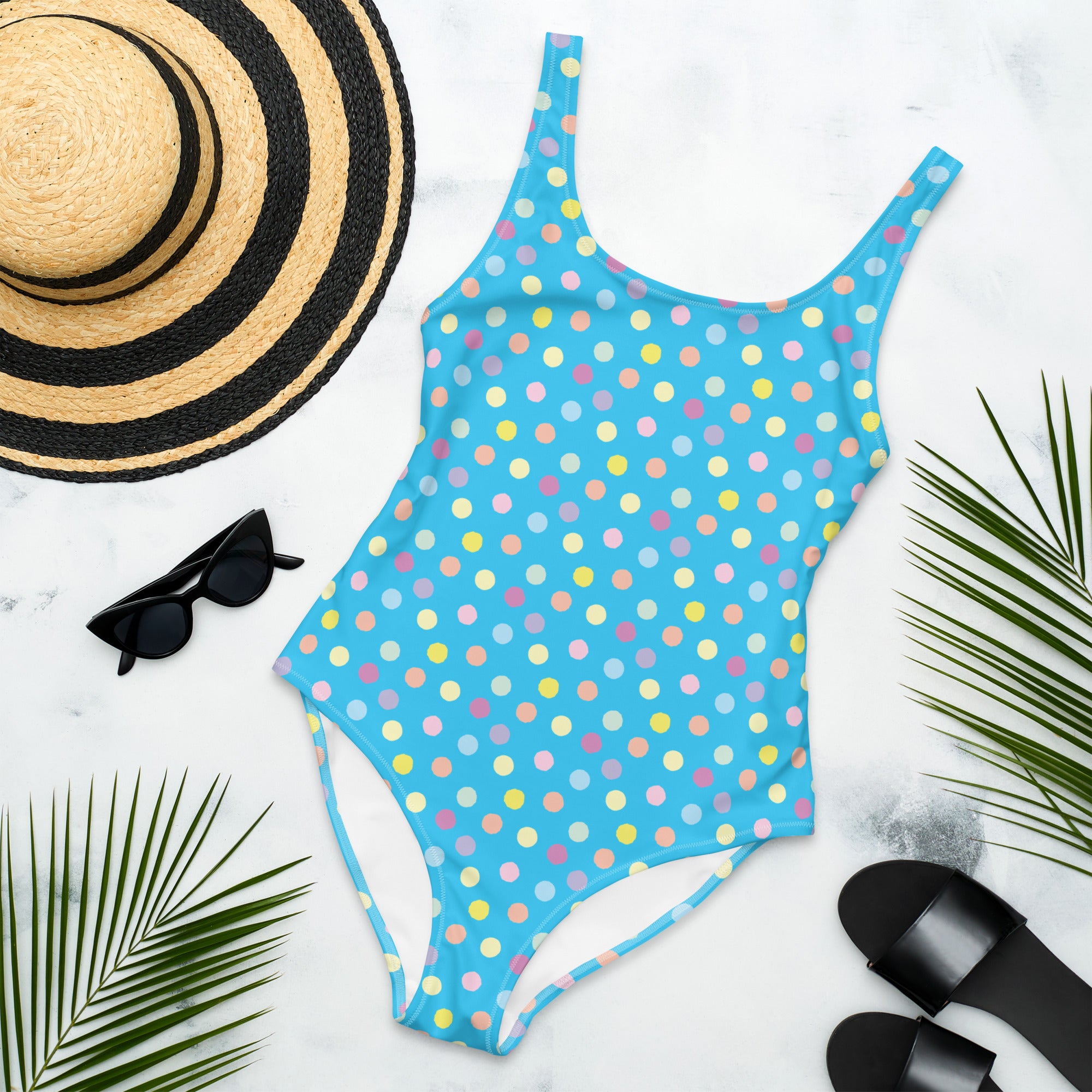 Cute Colorful Polka Dot Preppy Blue One-Piece Swimsuit