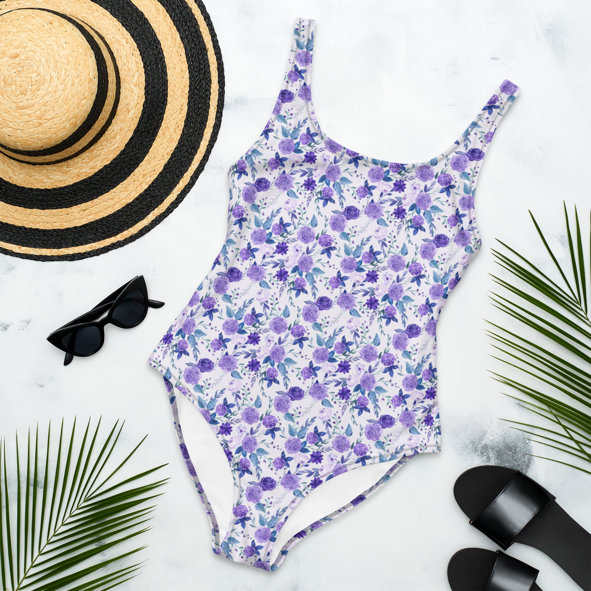 Preppy Purple Floral White One-Piece Swimsuit