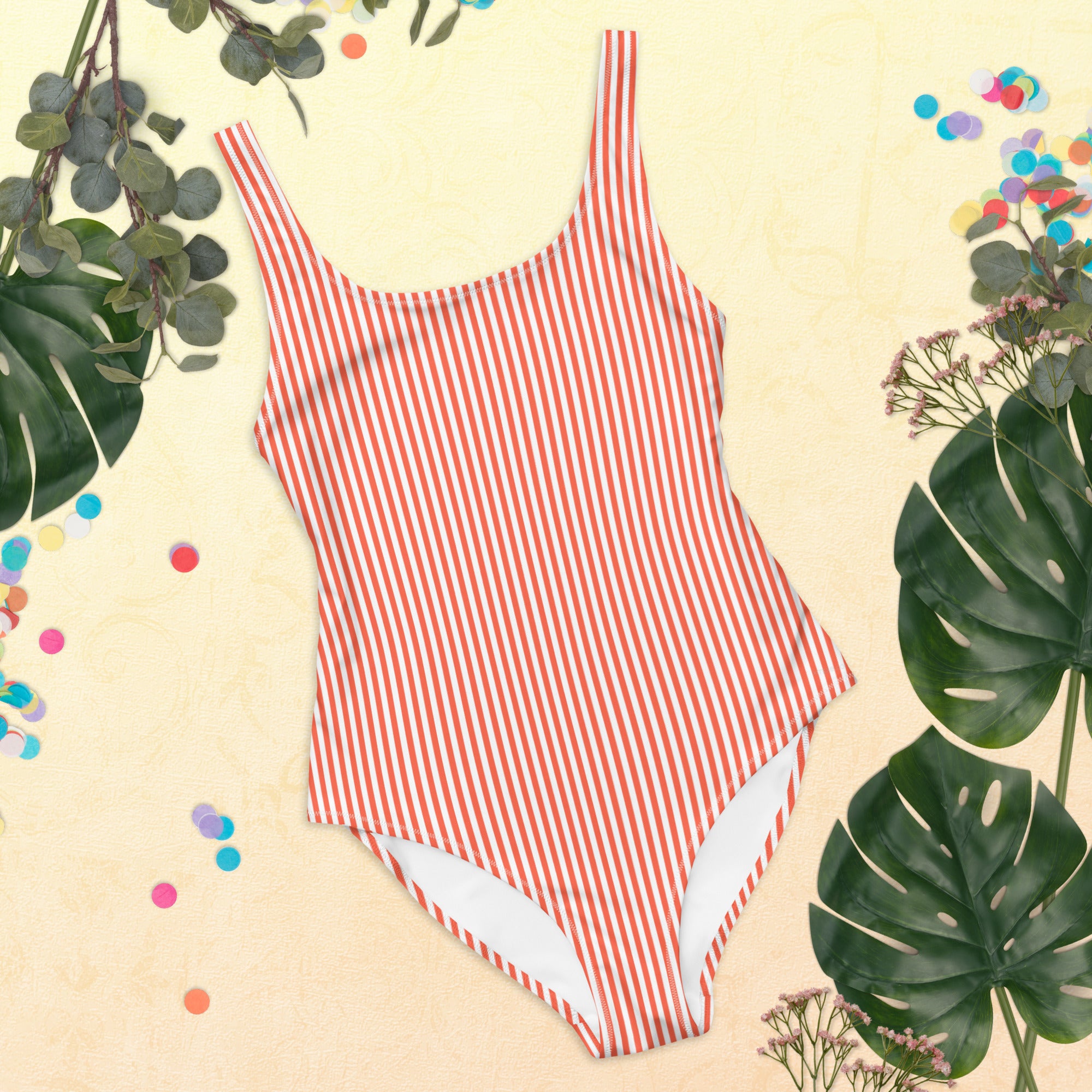 Preppy White and Orange Stripes One-Piece Swimsuit