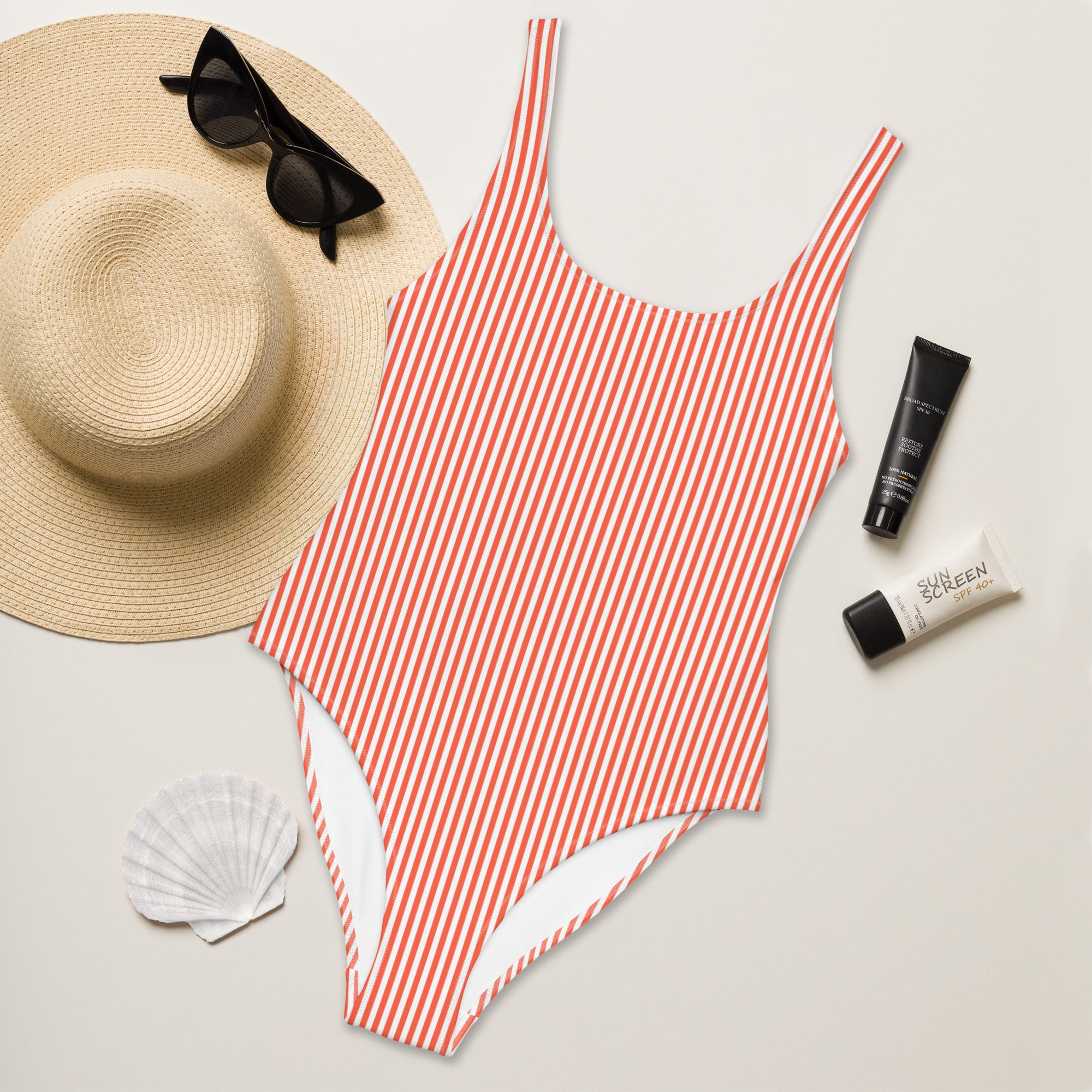 Preppy White and Orange Stripes One-Piece Swimsuit