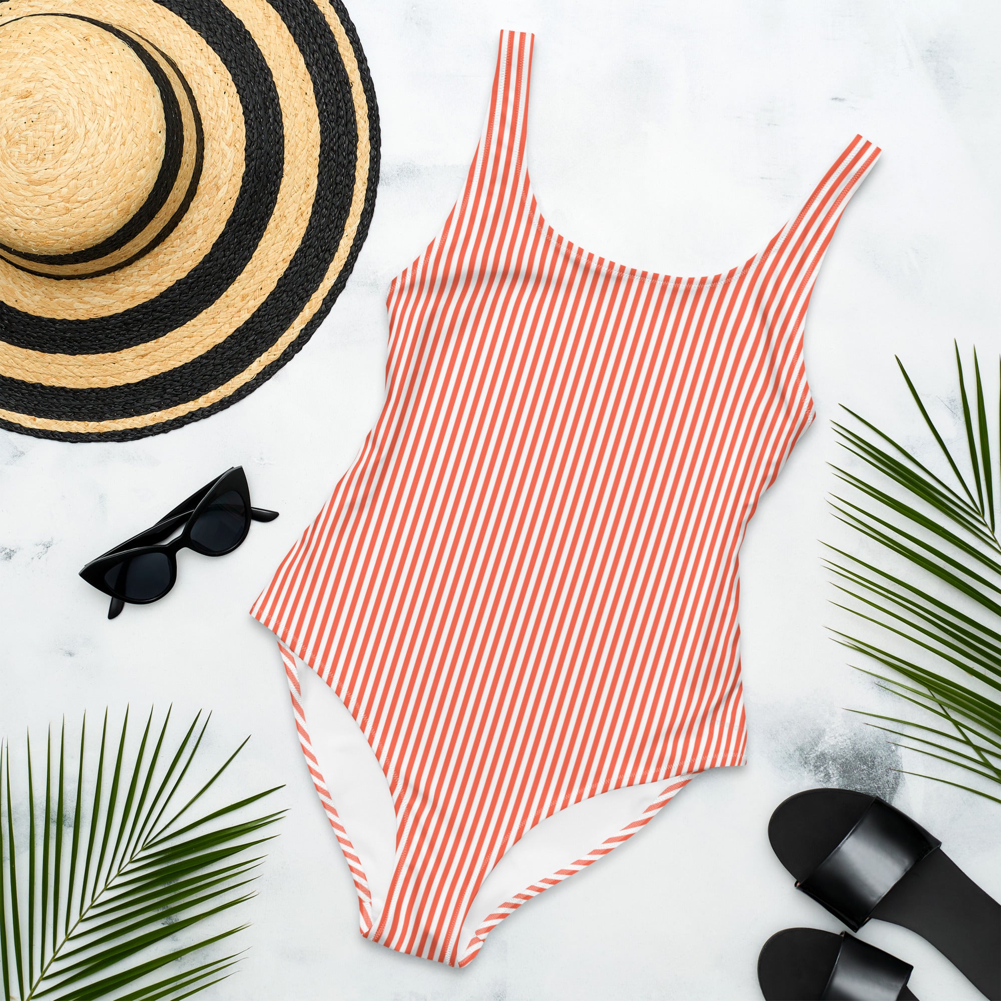 Preppy White and Orange Stripes One-Piece Swimsuit