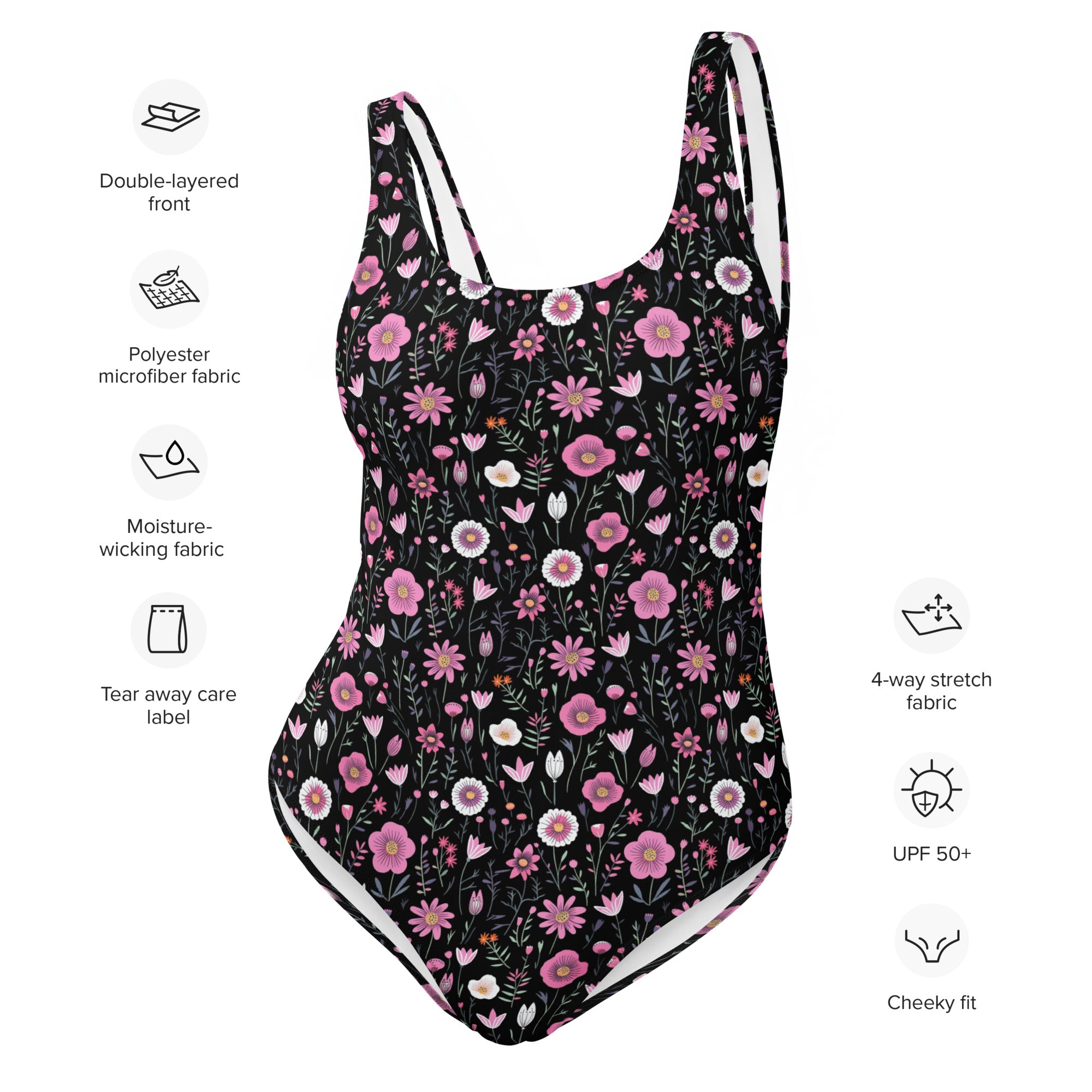 Black Floral One-Piece Swimsuit for Preppy Women
