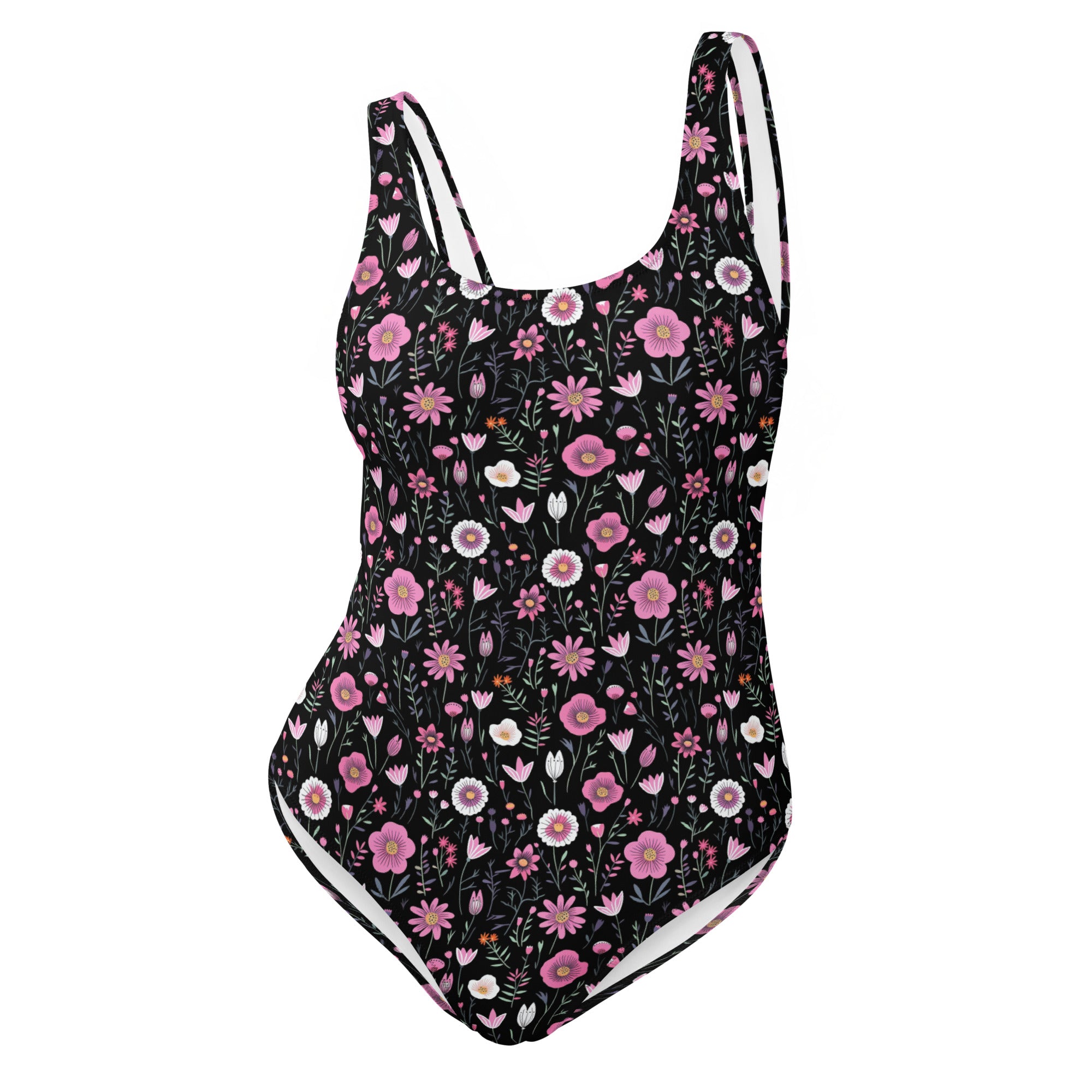 Black Floral One-Piece Swimsuit for Preppy Women