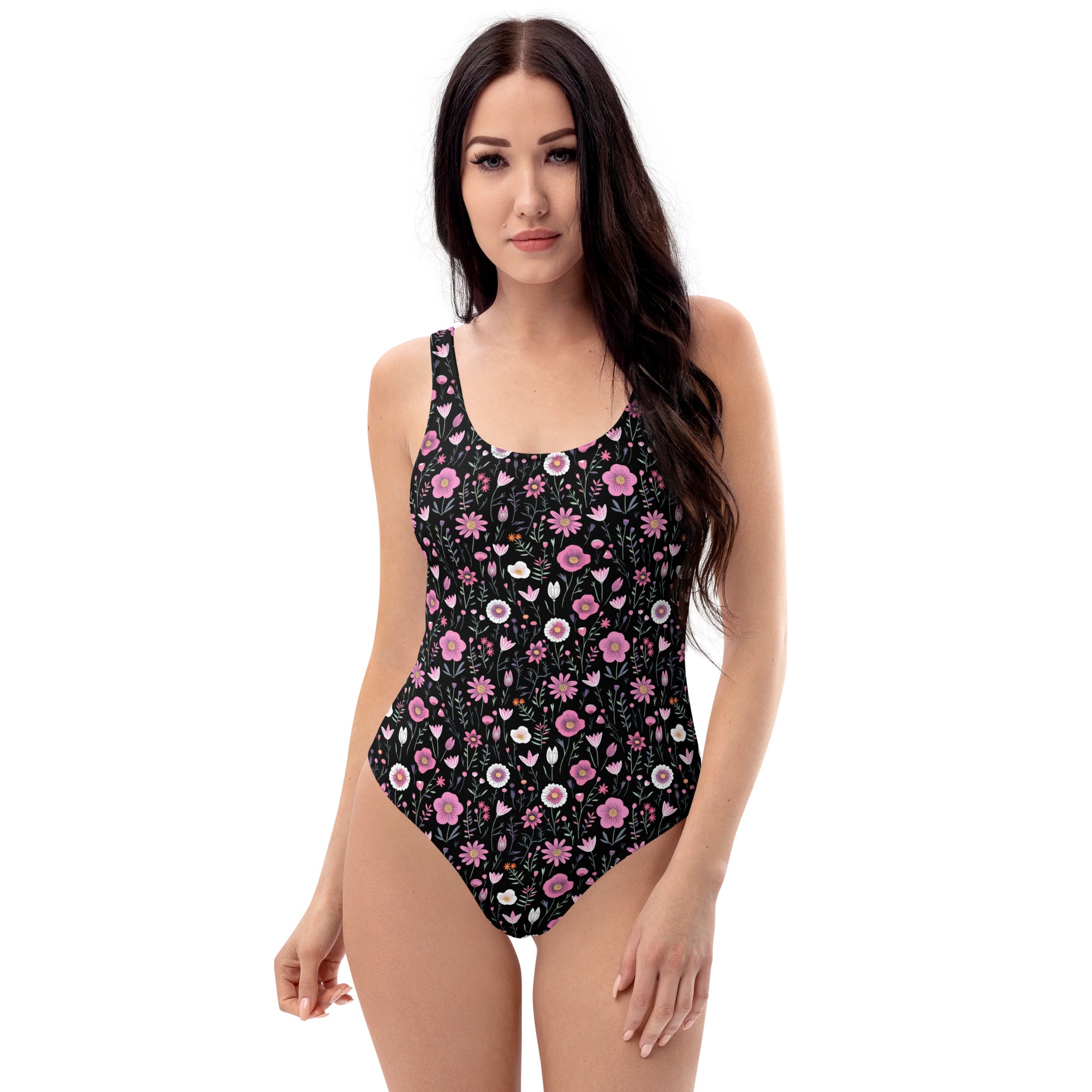 Black Floral One-Piece Swimsuit for Preppy Women