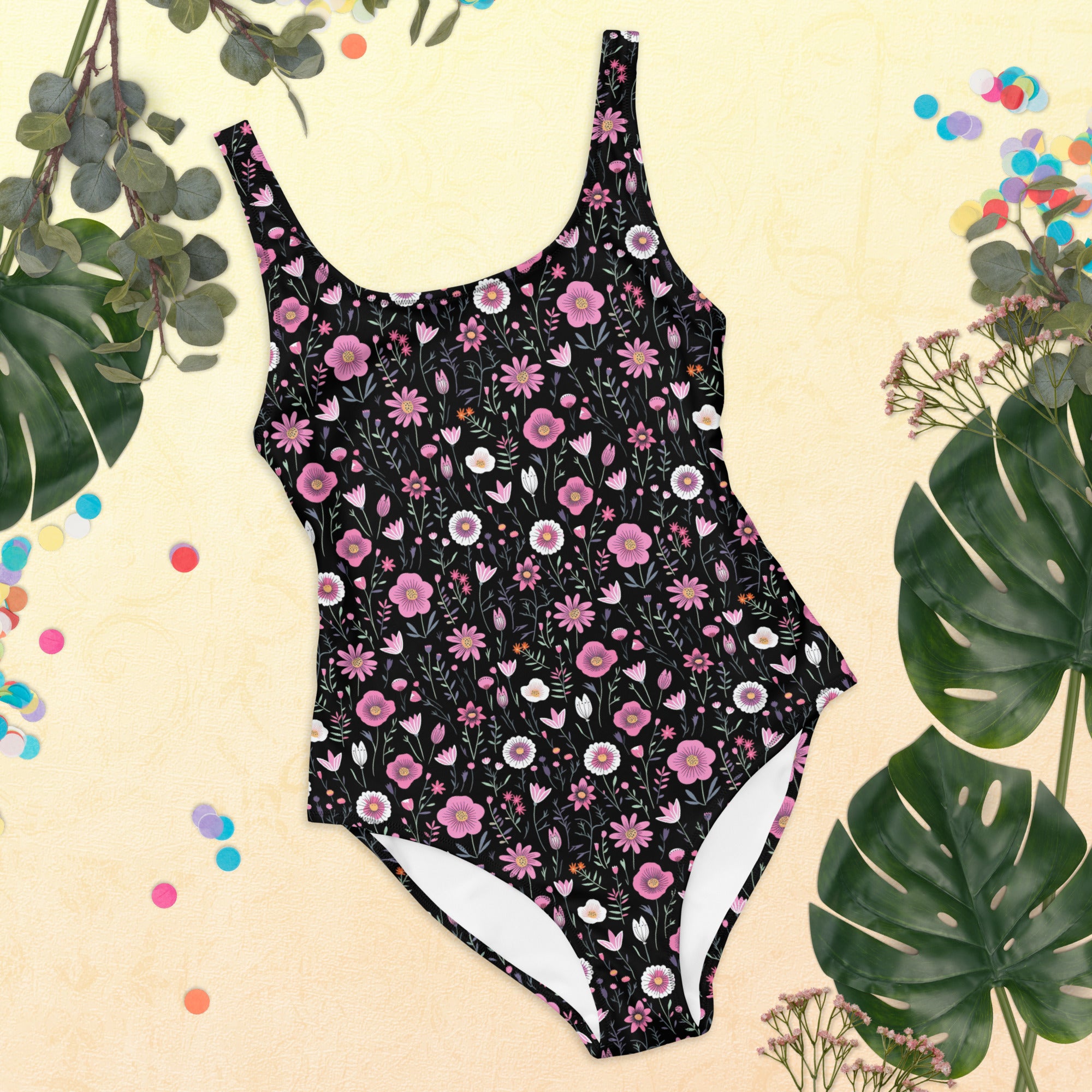 Black Floral One-Piece Swimsuit for Preppy Women