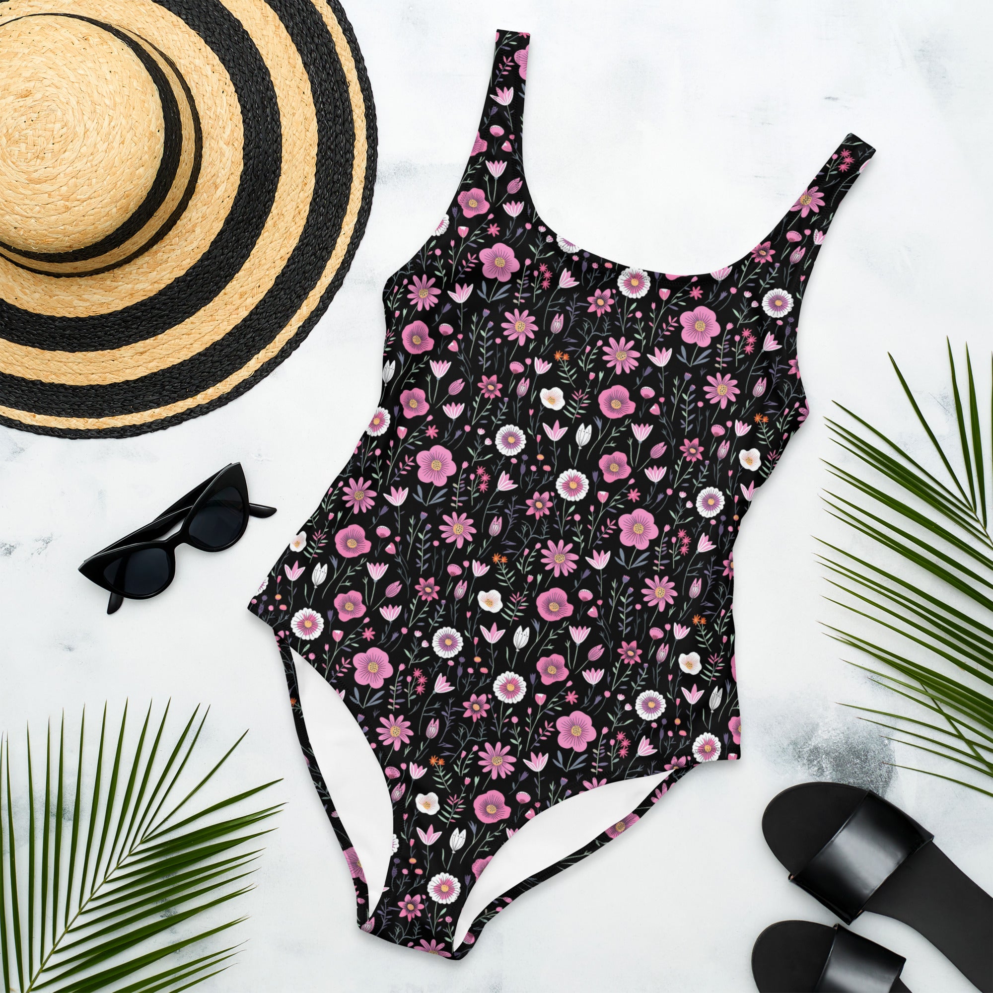Black Floral One-Piece Swimsuit for Preppy Women