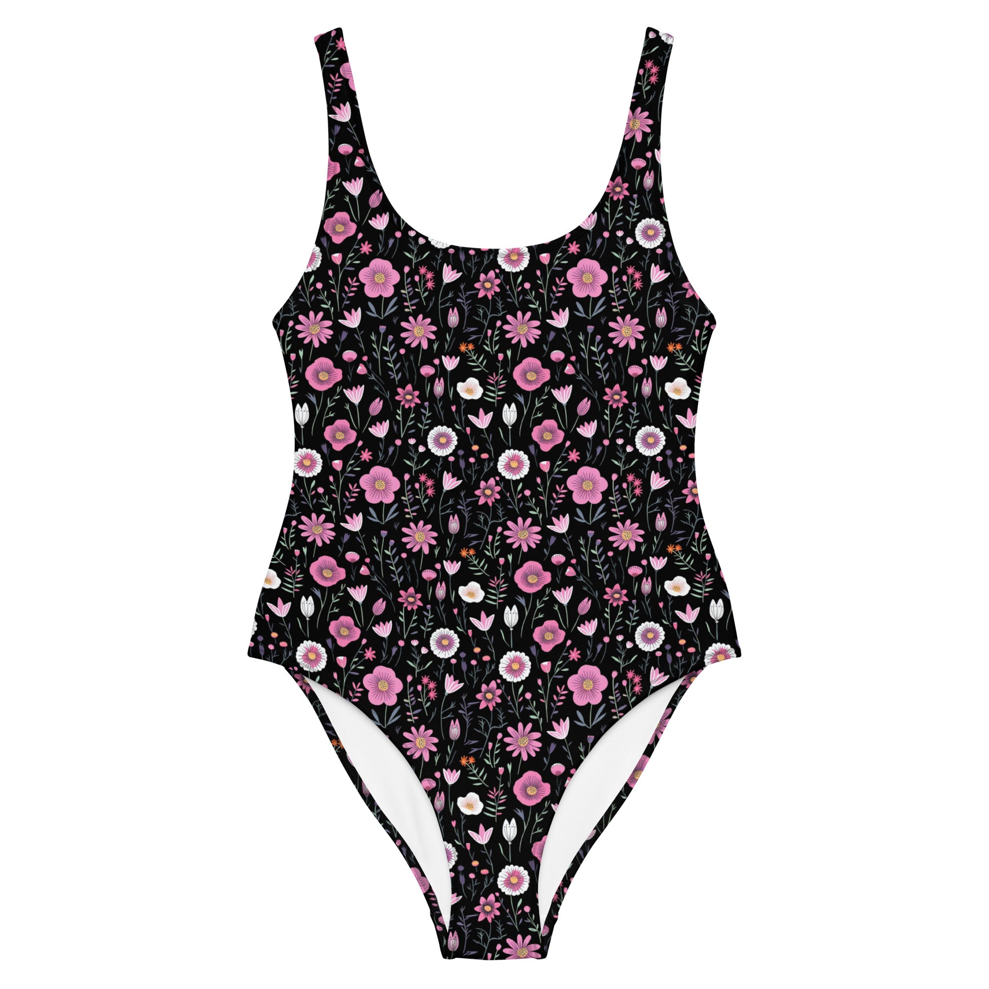 Black Floral One-Piece Swimsuit for Preppy Women