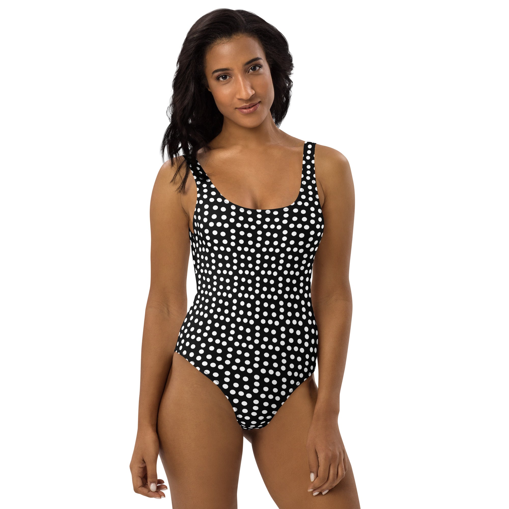 Vintage Preppy Style Black with White Polka Dot One-Piece Swimsuit