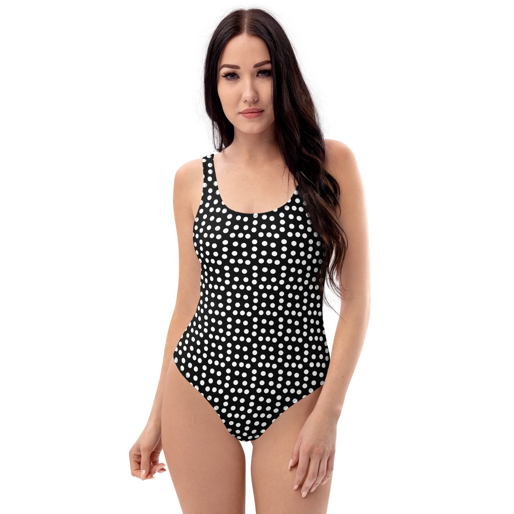 Vintage Preppy Style Black with White Polka Dot One-Piece Swimsuit