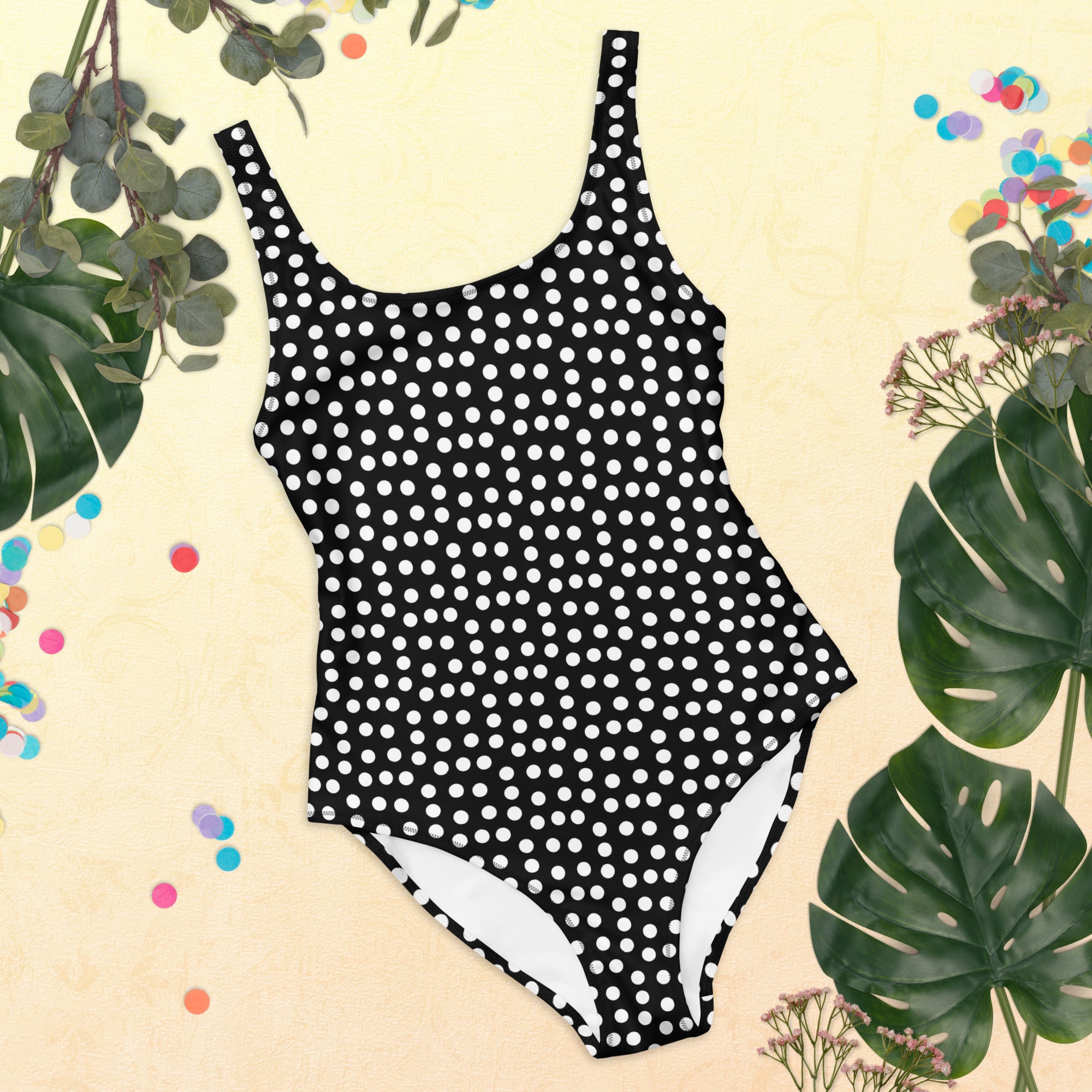 Vintage Preppy Style Black with White Polka Dot One-Piece Swimsuit