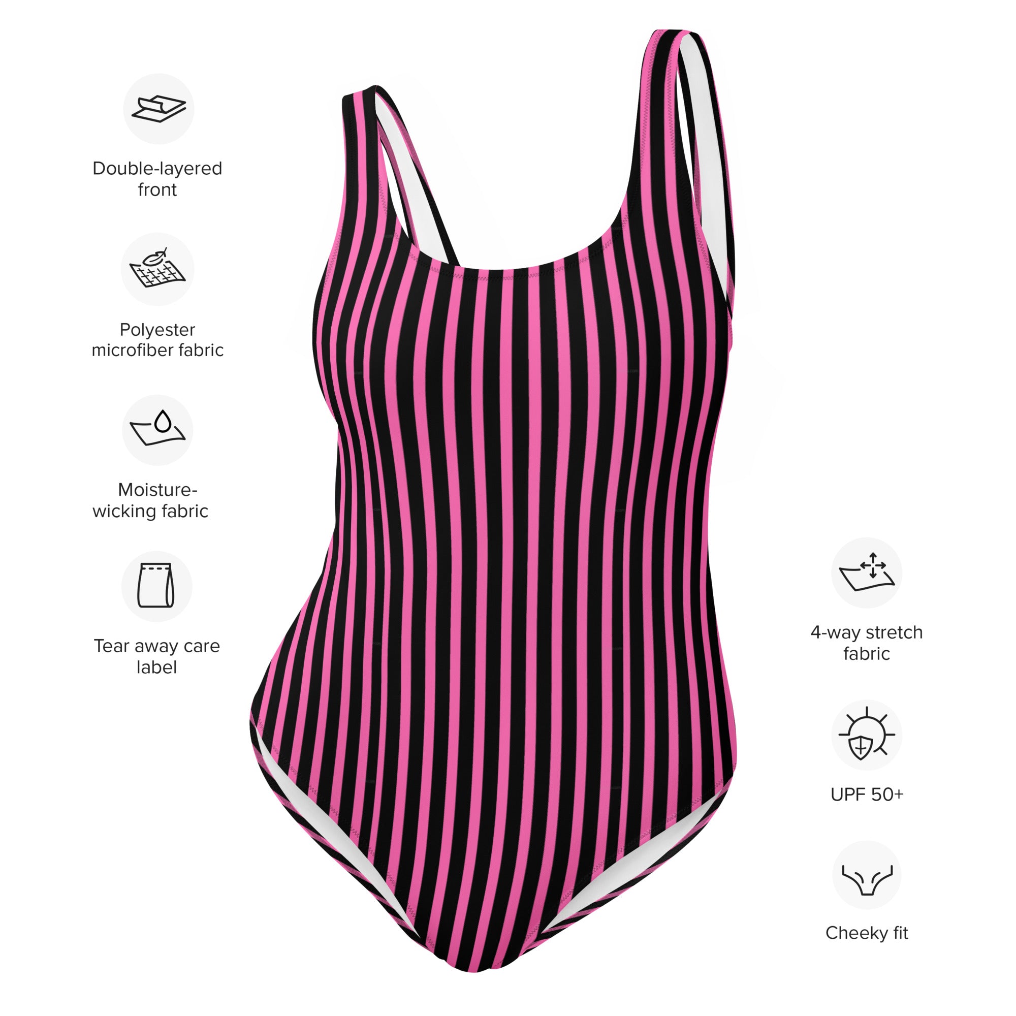 Preppy Pink & Black Vertical Striped Fashionable One-Piece Swimsuit