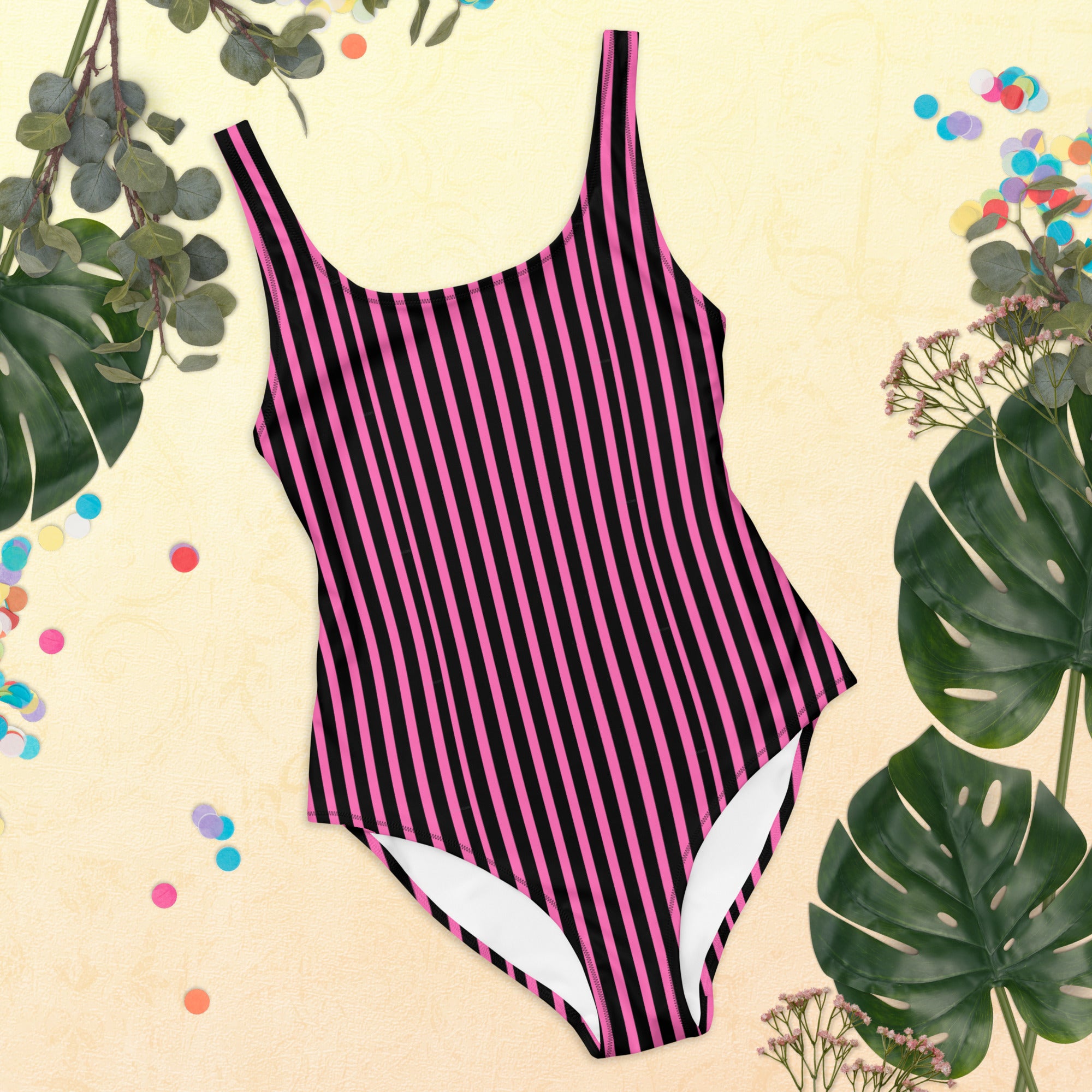 Preppy Pink & Black Vertical Striped Fashionable One-Piece Swimsuit