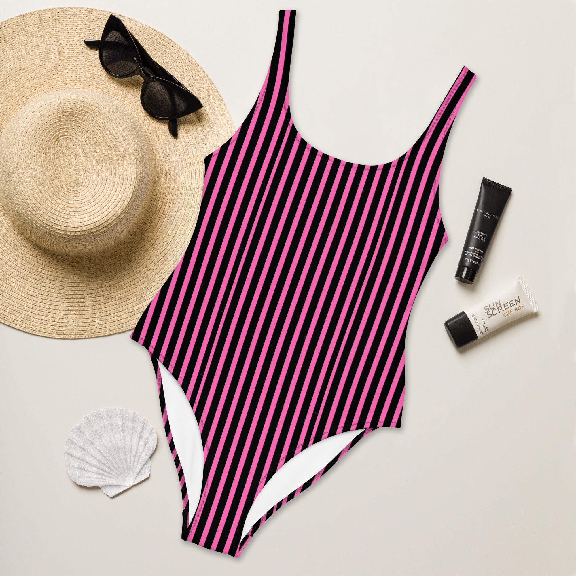 Preppy Pink & Black Vertical Striped Fashionable One-Piece Swimsuit