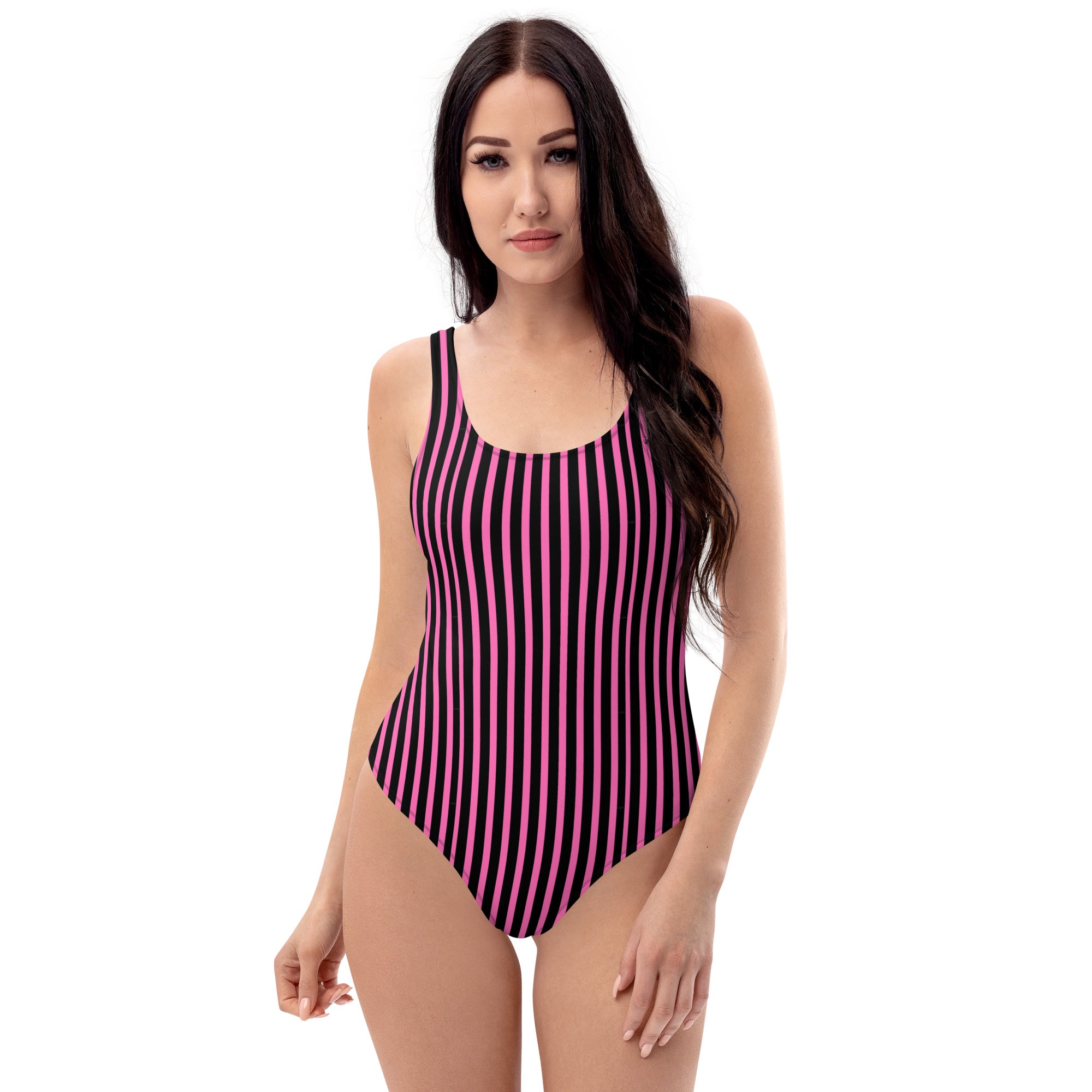 Preppy Pink & Black Vertical Striped Fashionable One-Piece Swimsuit