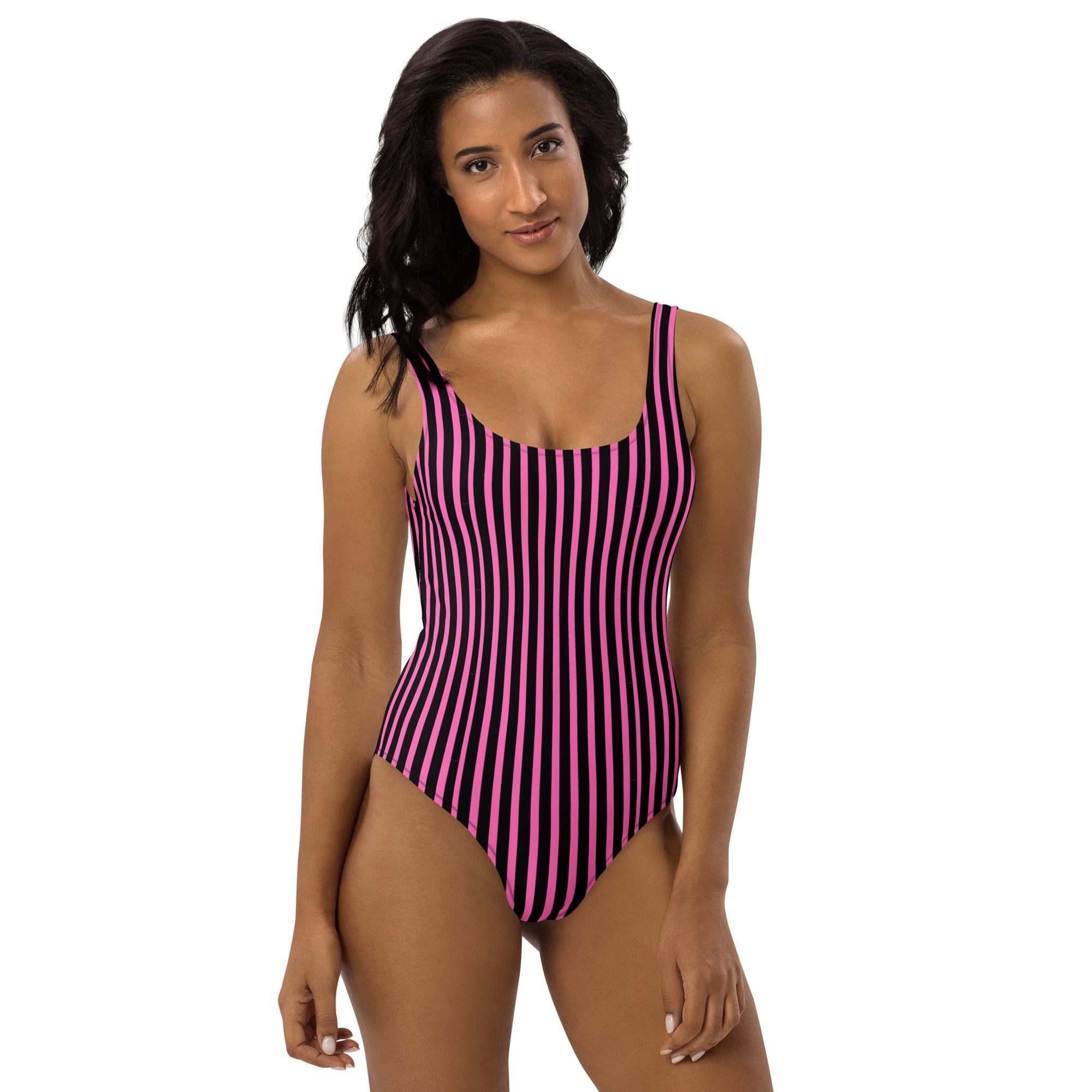 Preppy Pink & Black Vertical Striped Fashionable One-Piece Swimsuit