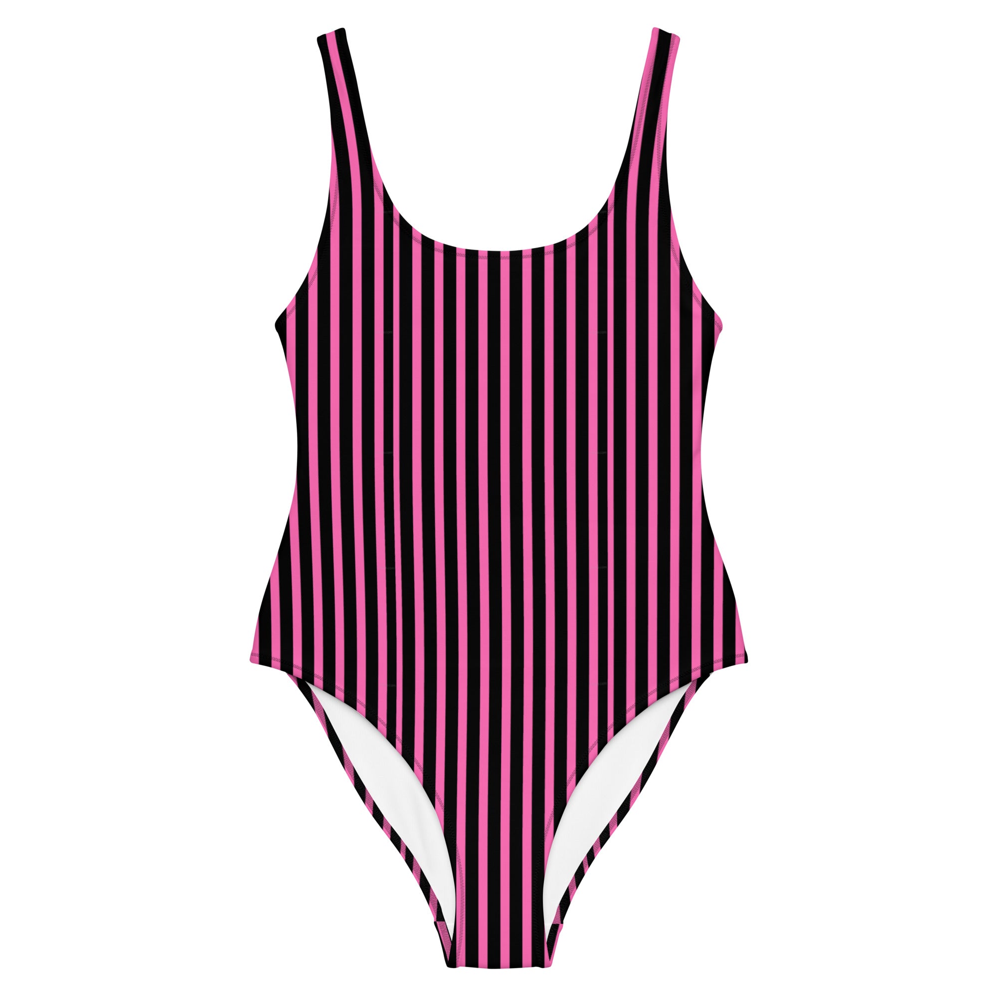 Preppy Pink & Black Vertical Striped Fashionable One-Piece Swimsuit