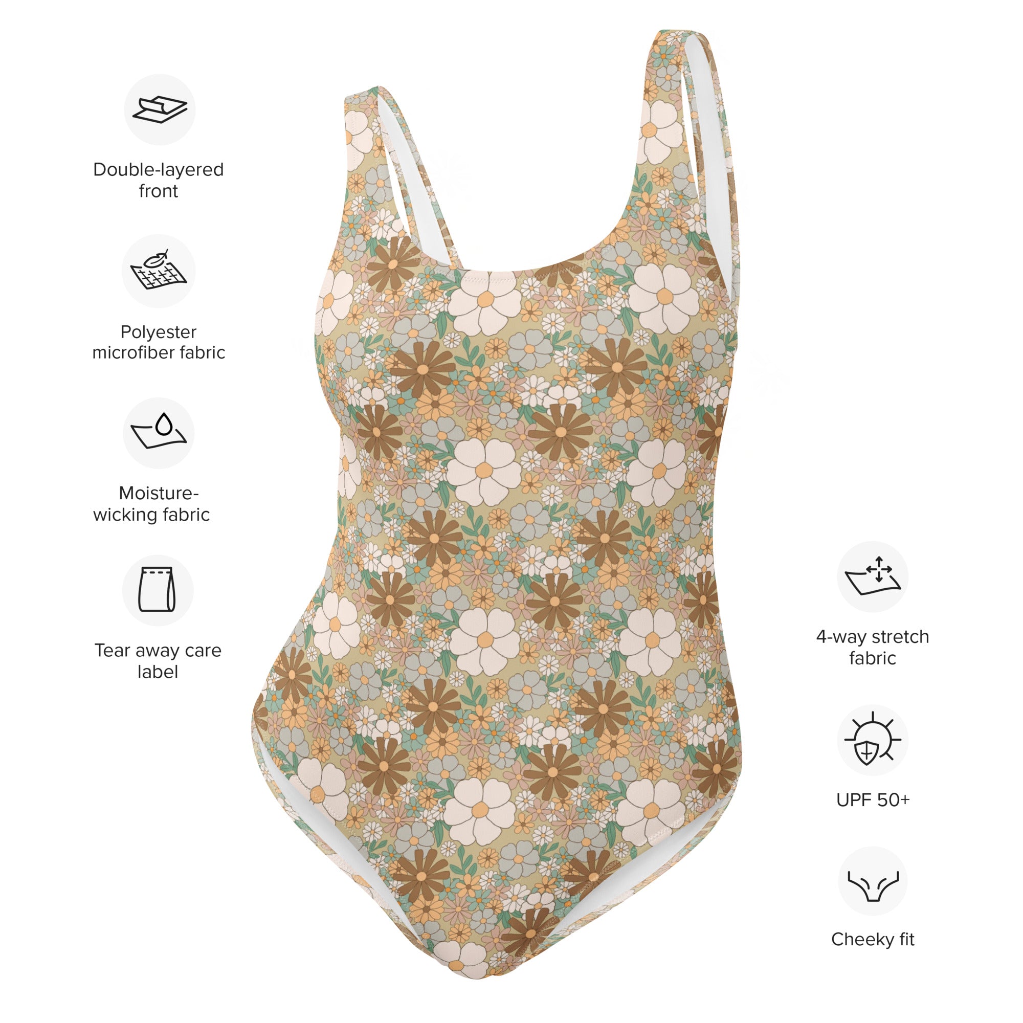 Aesthetic Groovy Brown Fall Floral One-Piece Swimsuit