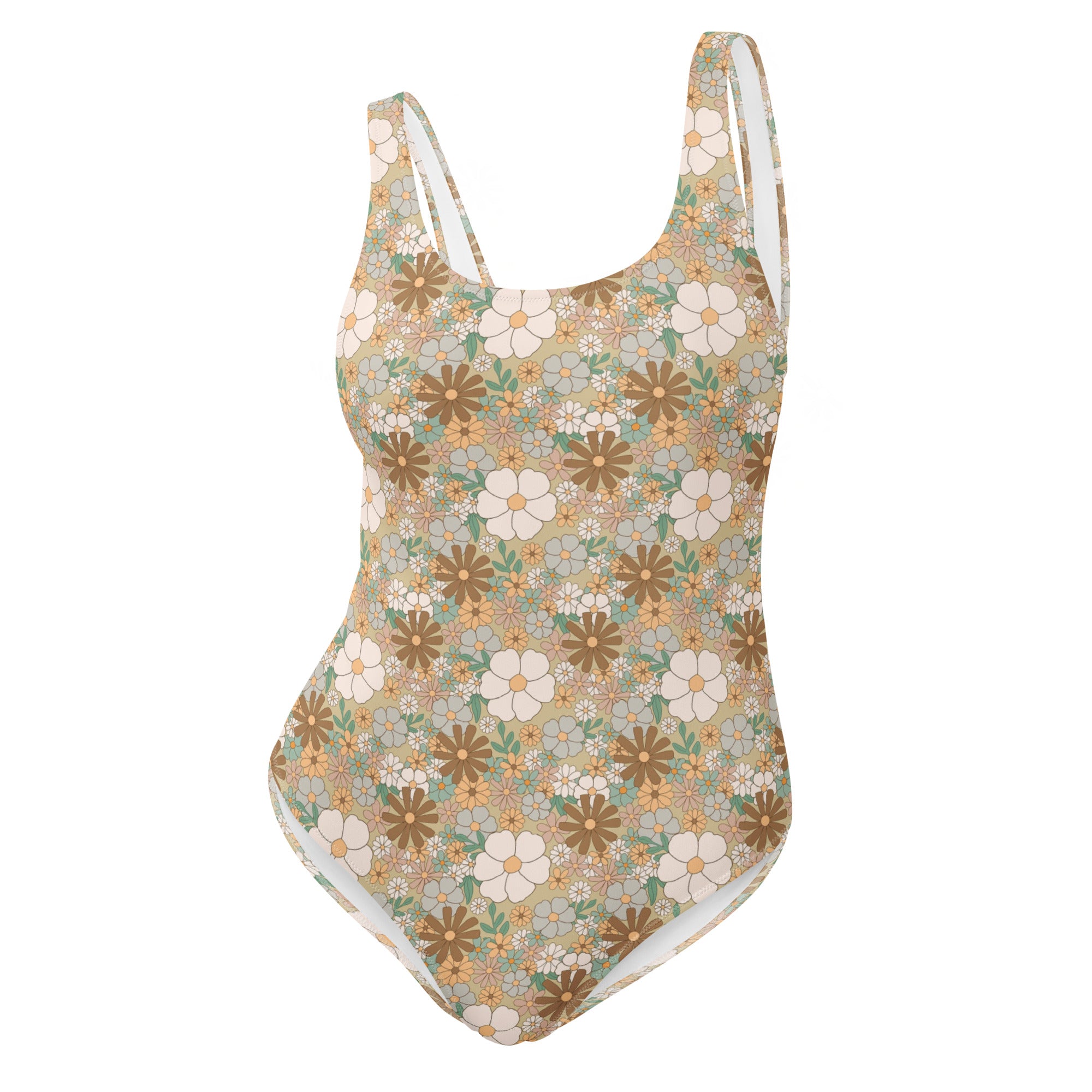 Aesthetic Groovy Brown Fall Floral One-Piece Swimsuit