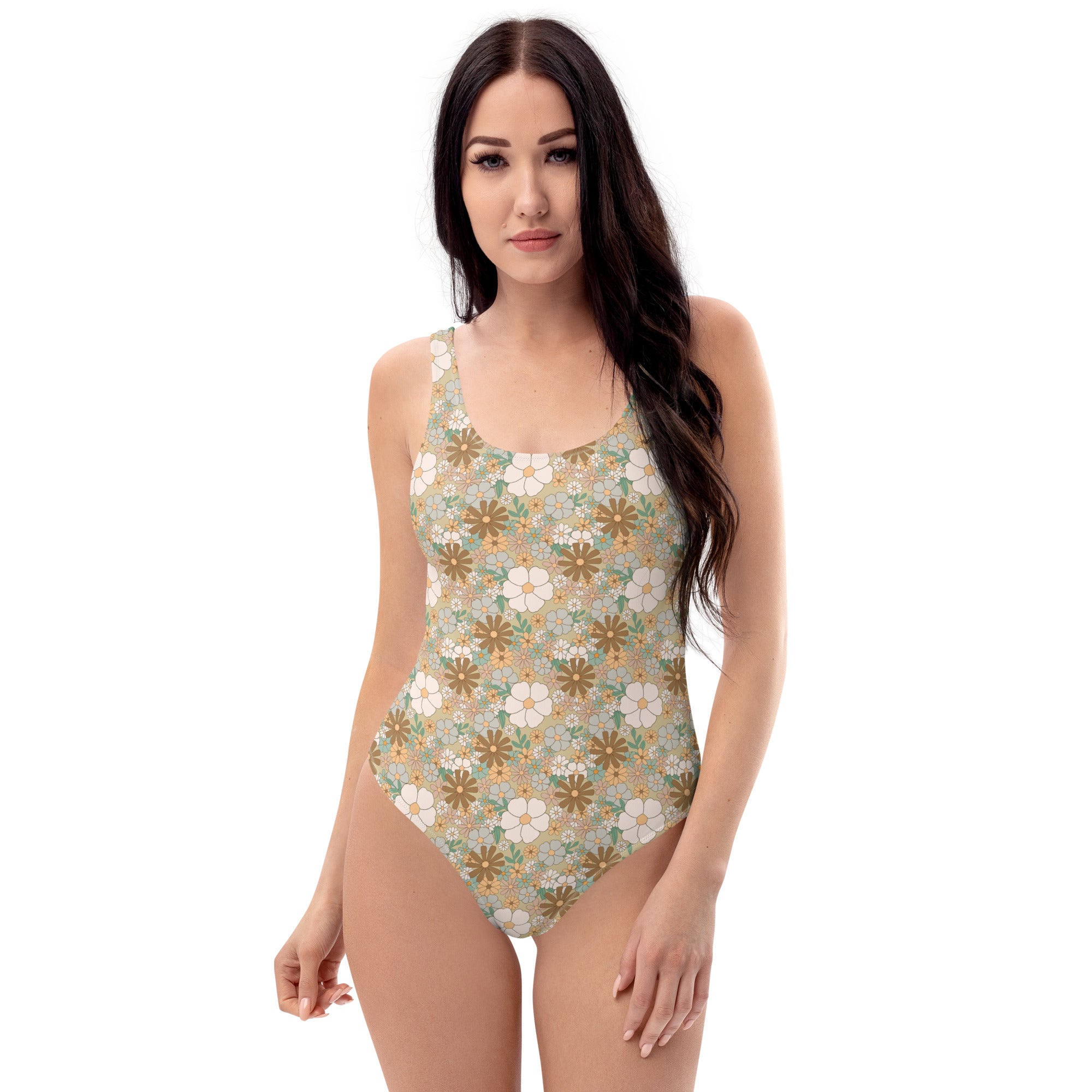 Aesthetic Groovy Brown Fall Floral One-Piece Swimsuit