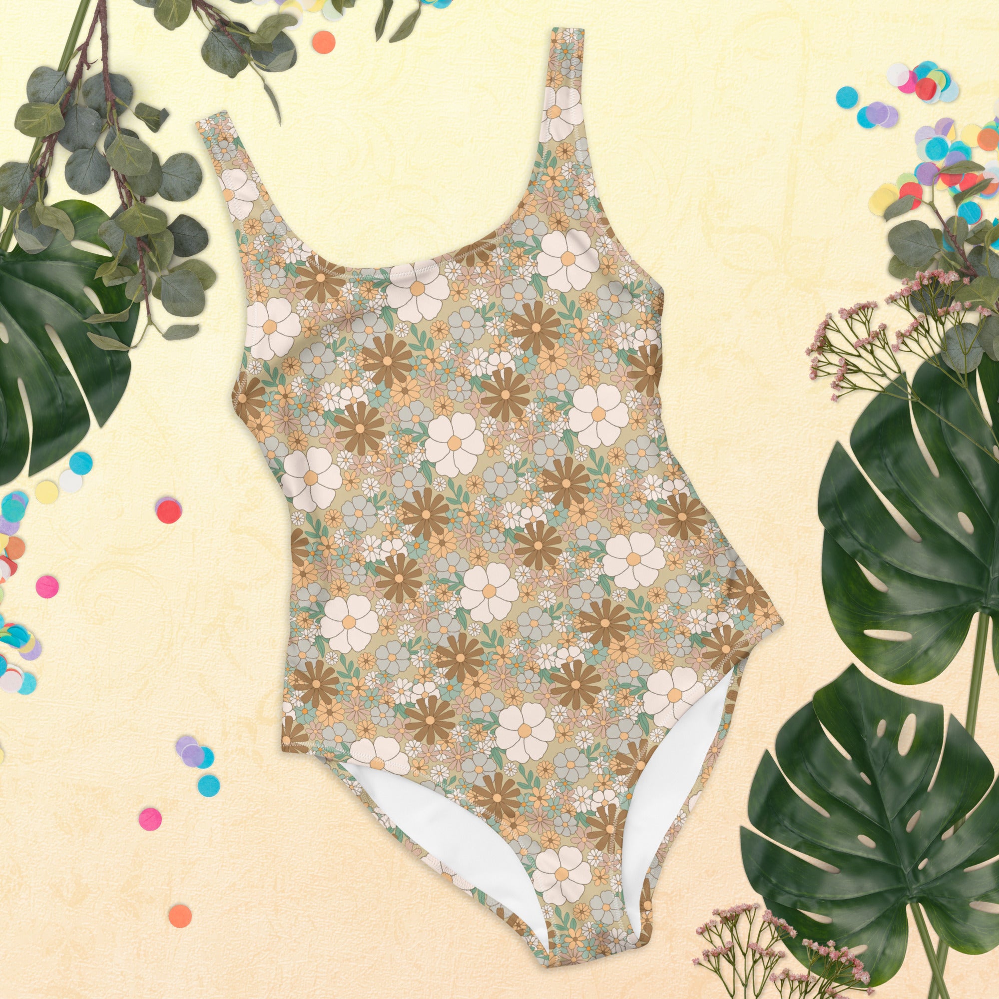 Aesthetic Groovy Brown Fall Floral One-Piece Swimsuit