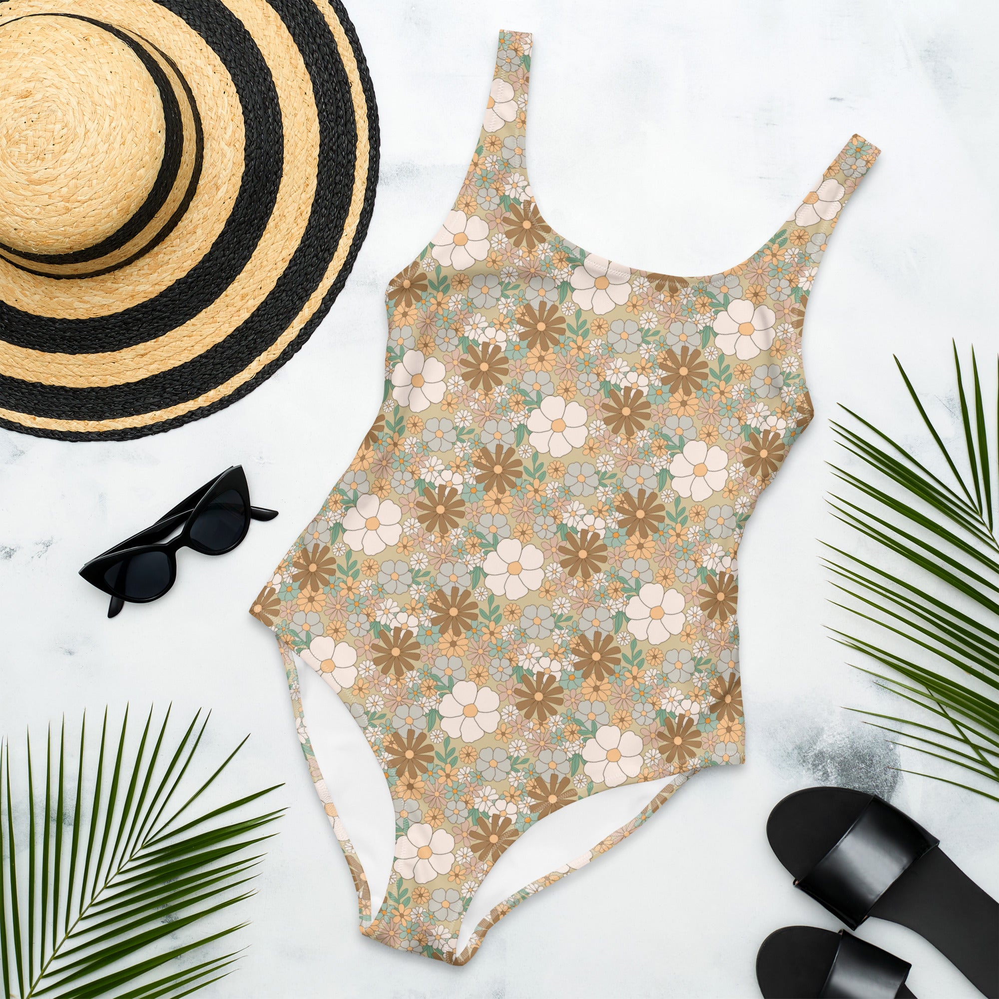 Aesthetic Groovy Brown Fall Floral One-Piece Swimsuit