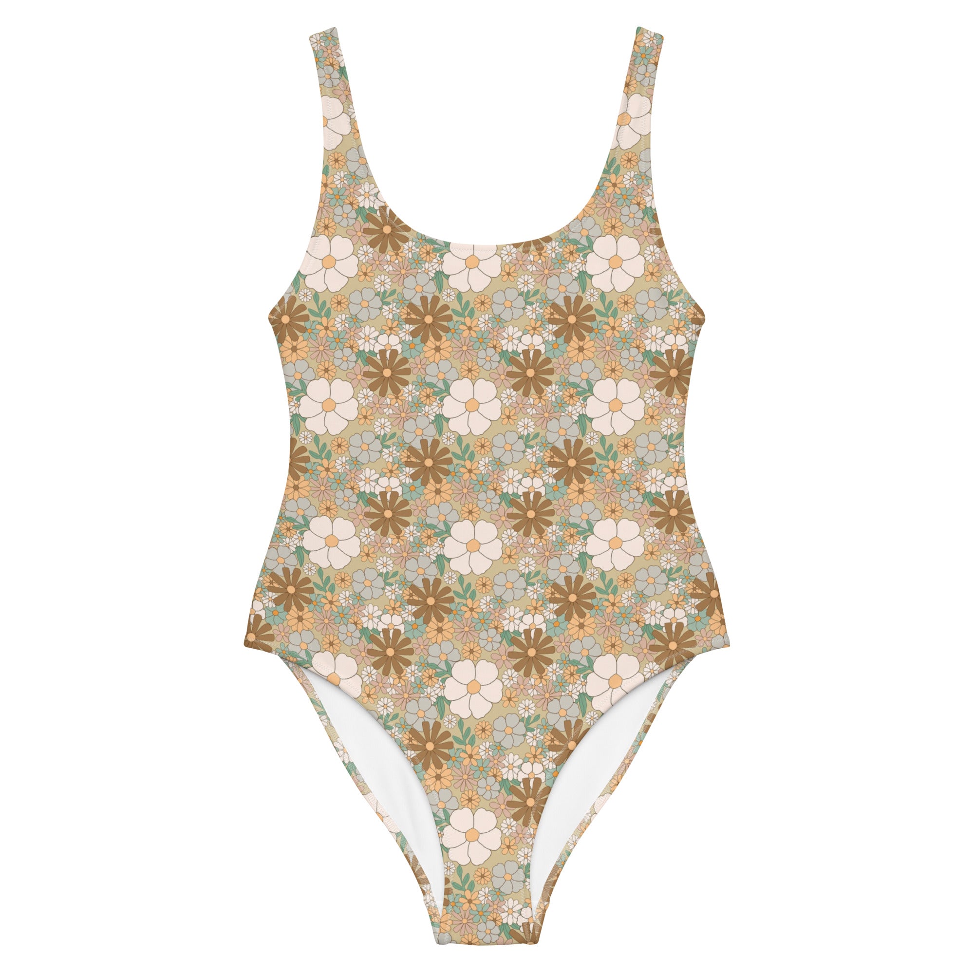 Aesthetic Groovy Brown Fall Floral One-Piece Swimsuit