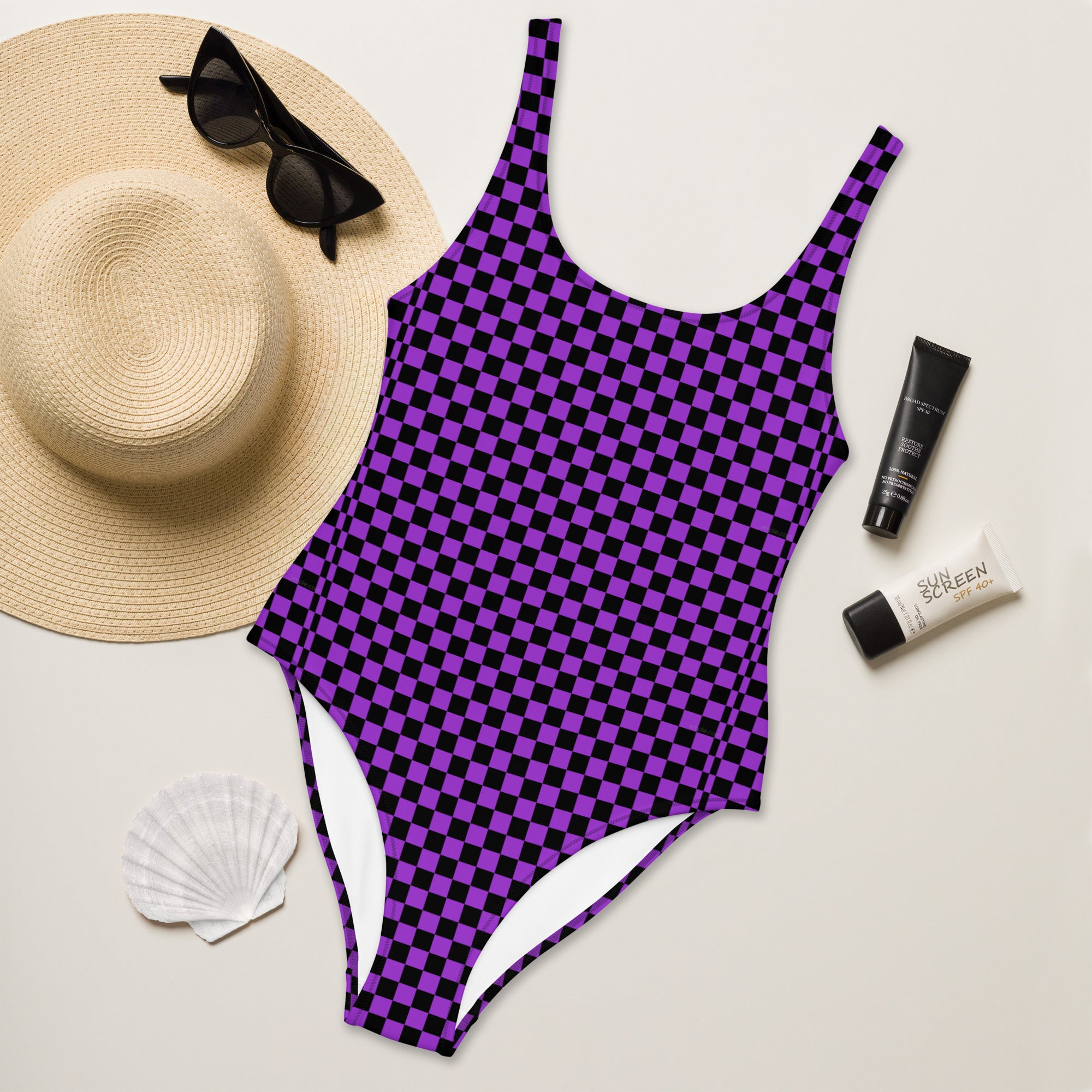 Preppy Purple Checkered One-Piece Swimsuit