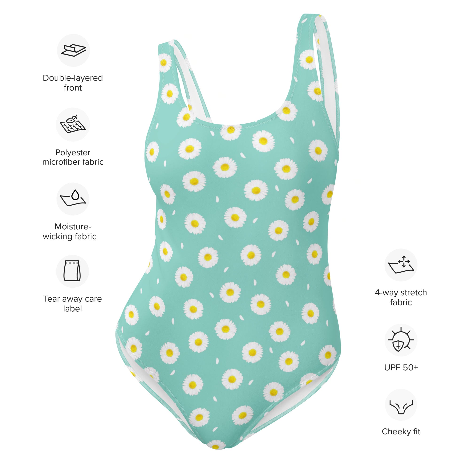 White Daisy Flower Pattern Pastel Blue One-Piece Swimsuit