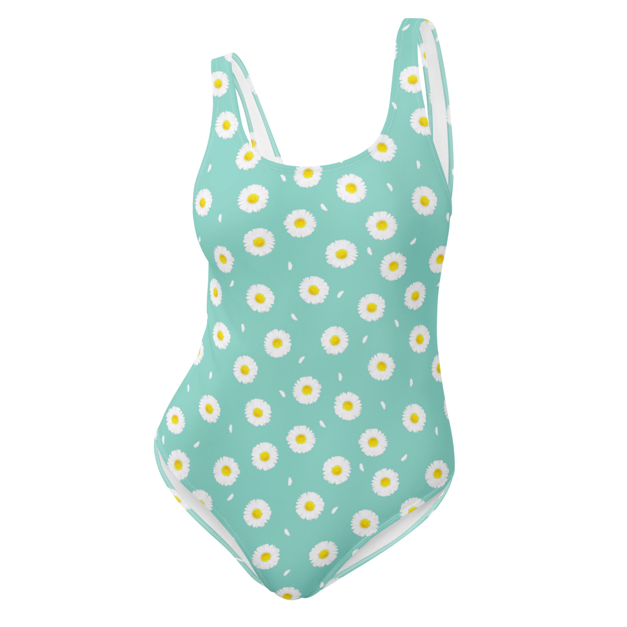 White Daisy Flower Pattern Pastel Blue One-Piece Swimsuit