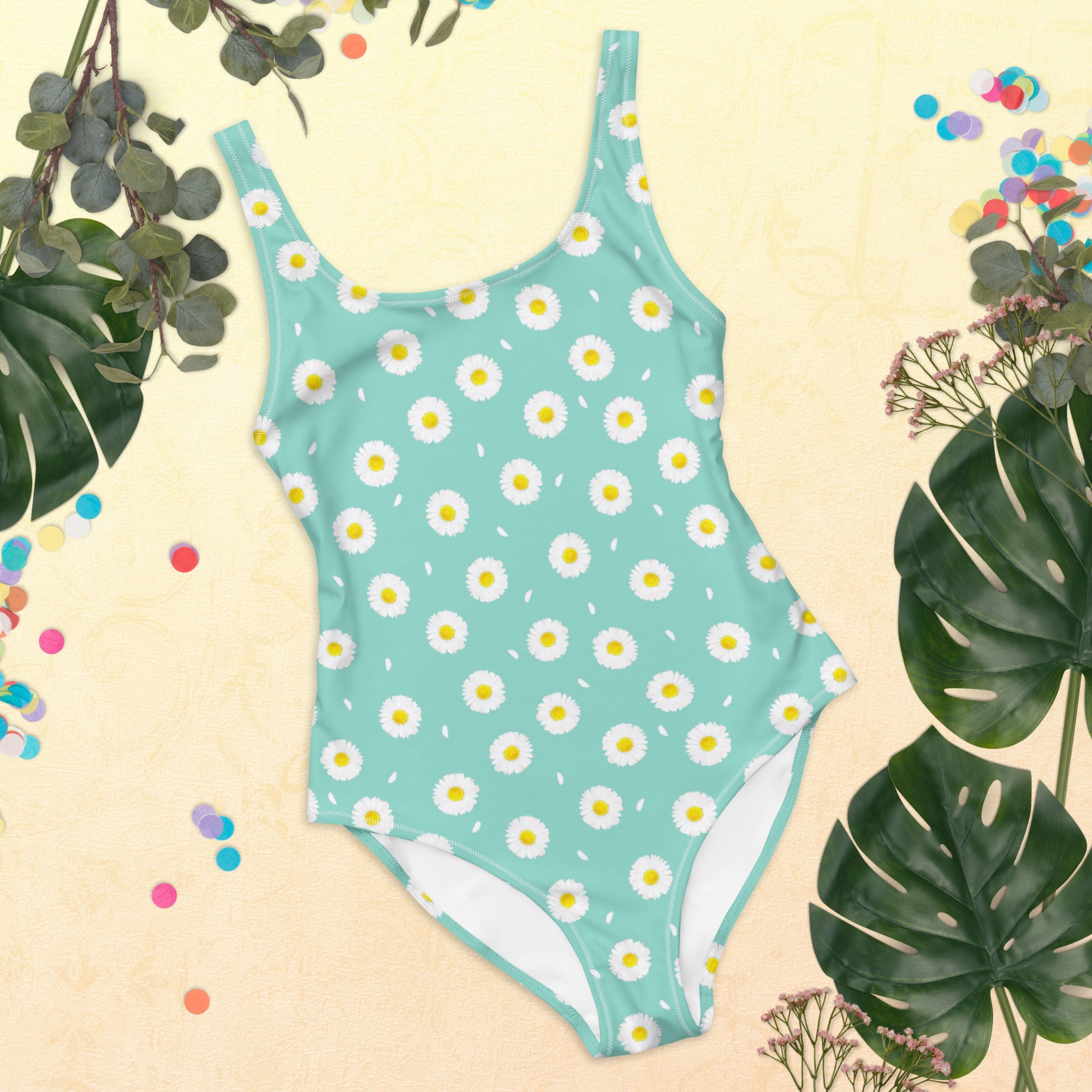 White Daisy Flower Pattern Pastel Blue One-Piece Swimsuit