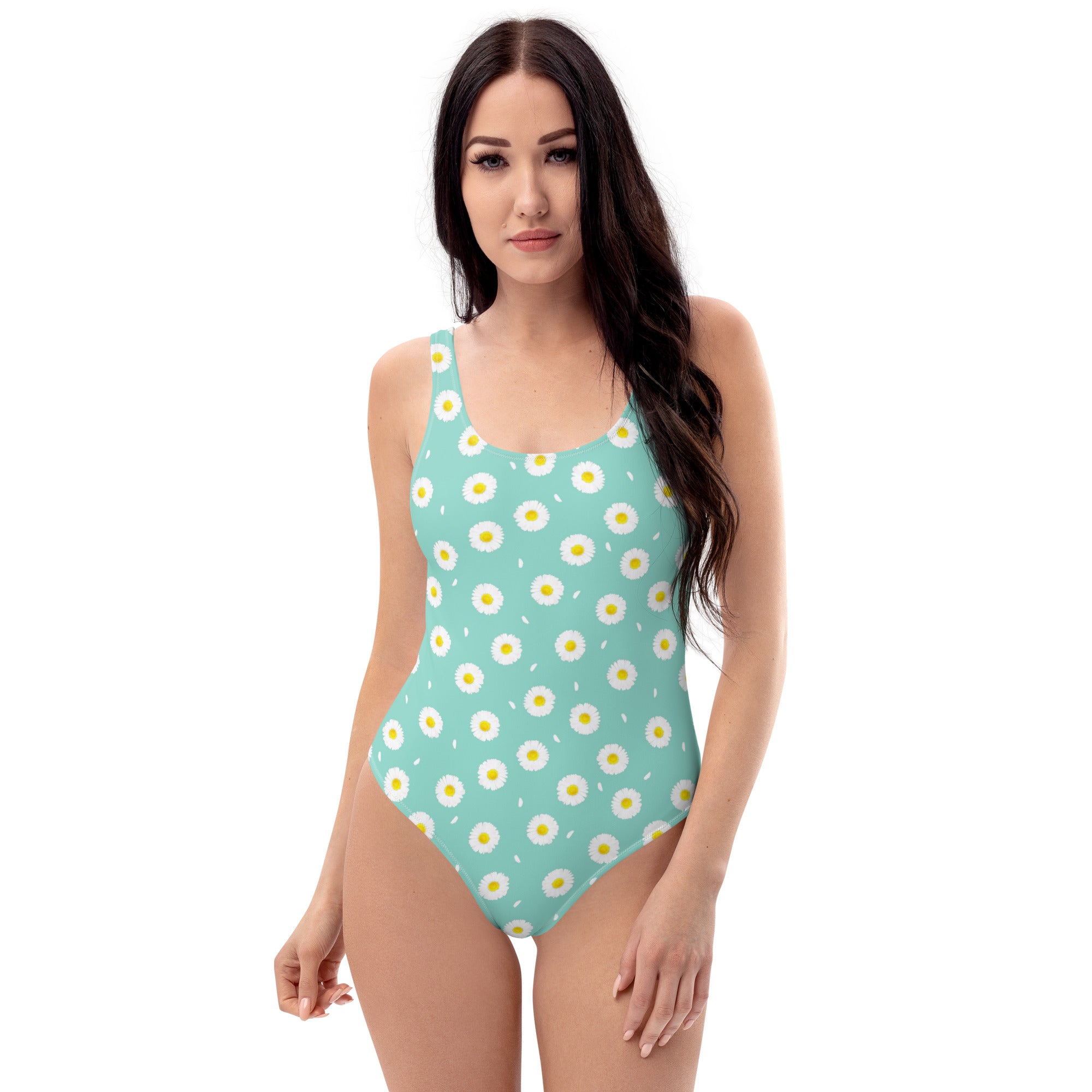 White Daisy Flower Pattern Pastel Blue One-Piece Swimsuit