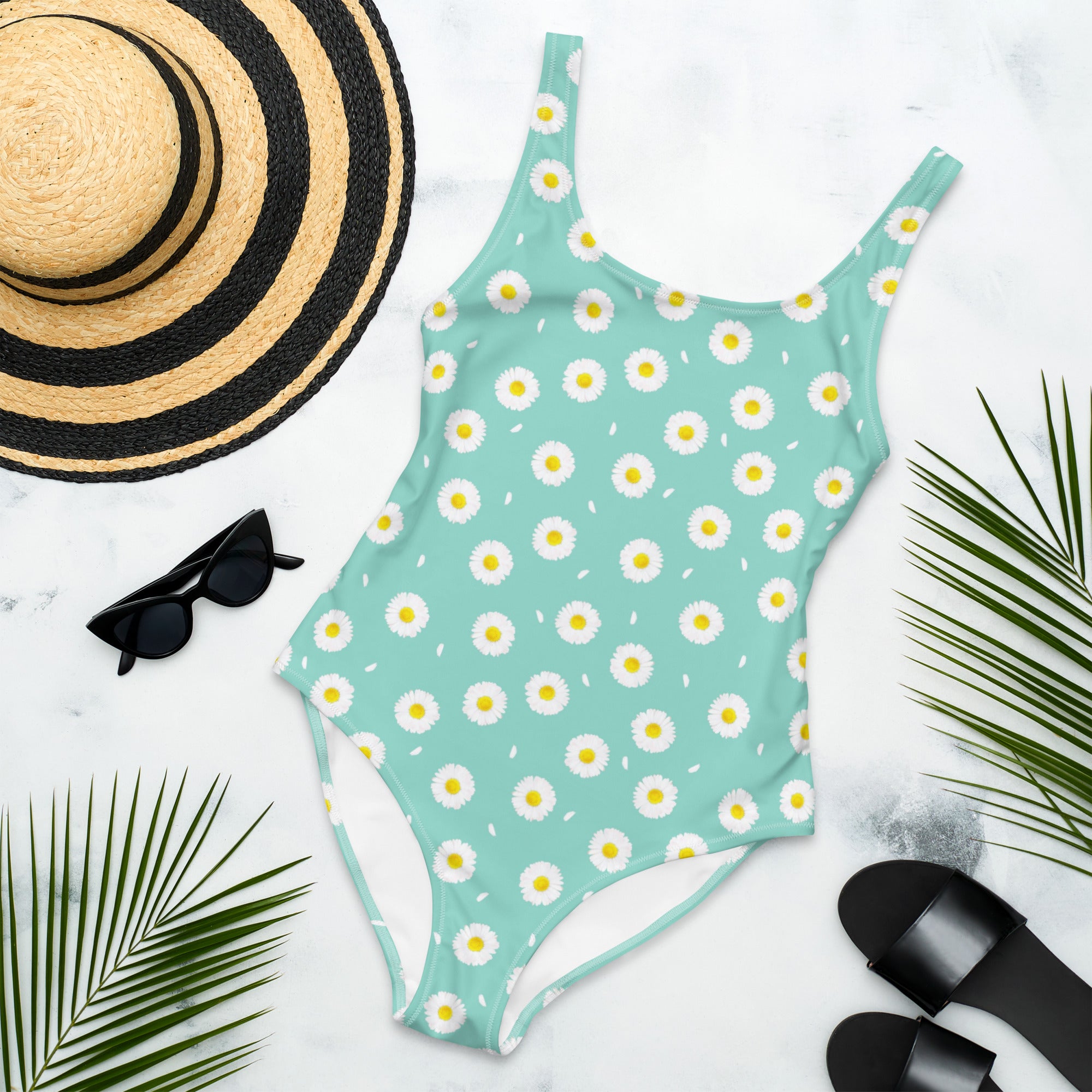 White Daisy Flower Pattern Pastel Blue One-Piece Swimsuit