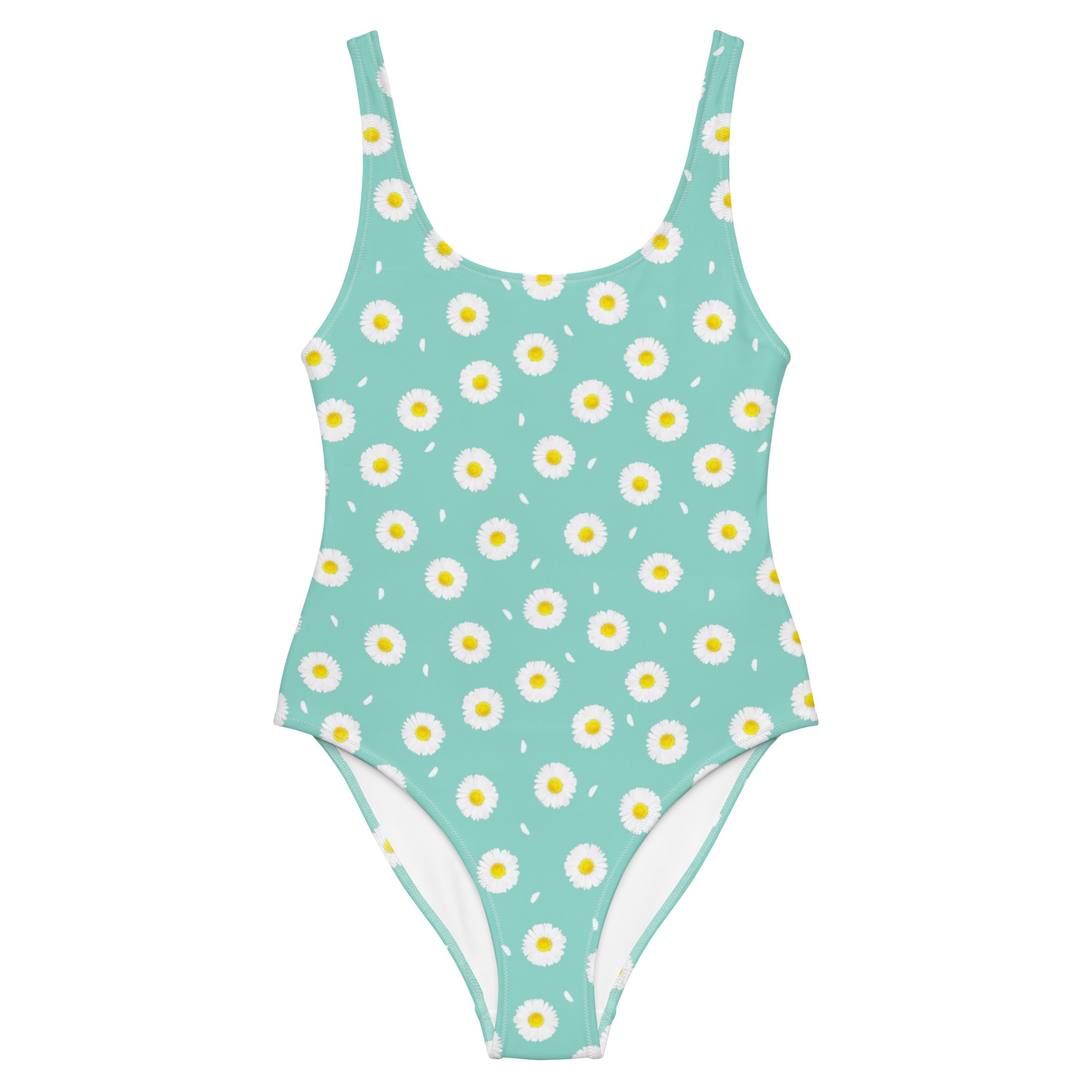 White Daisy Flower Pattern Pastel Blue One-Piece Swimsuit